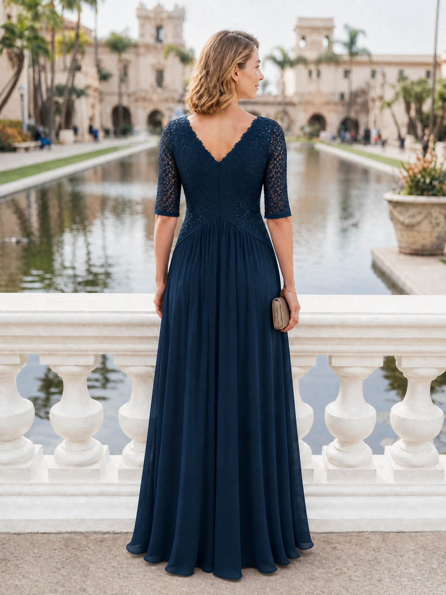 Navy Lace Bodice Chiffon Formal Maxi Dress