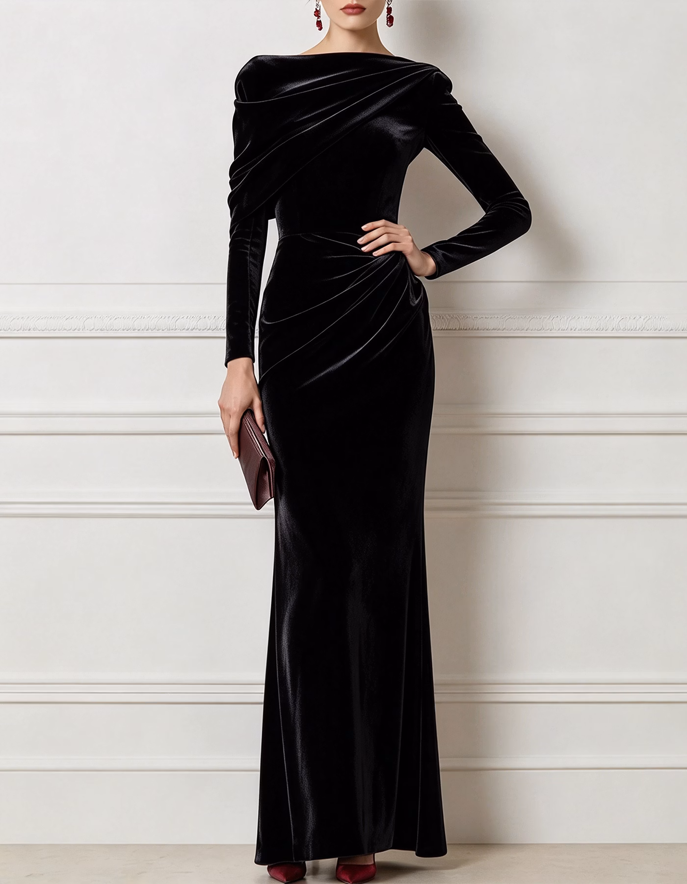 Burgundy Draped Asymmetric Velvet Maxi Dress