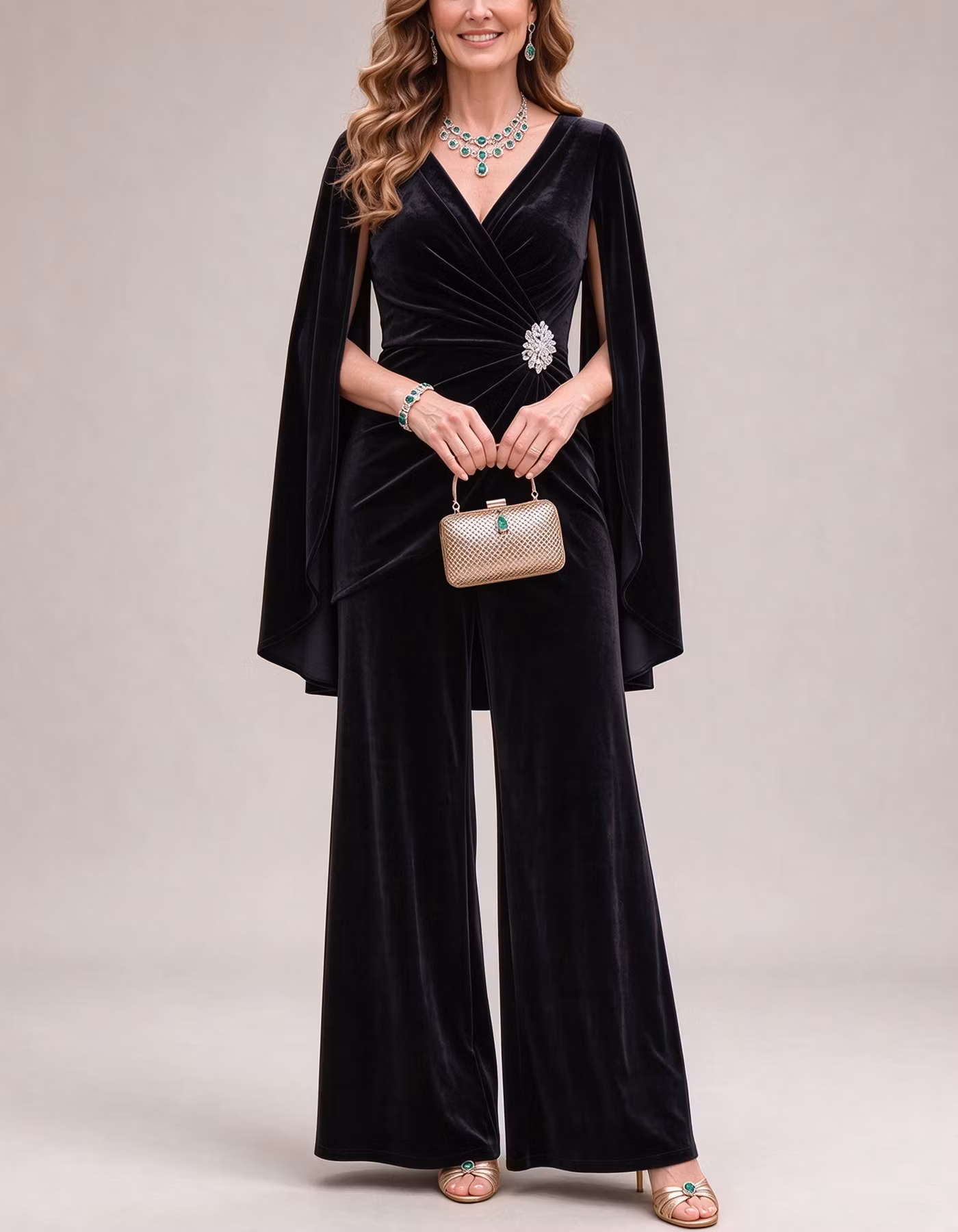 Velvet V-Neck Cape Sleeve Wide Leg Jumpsuit