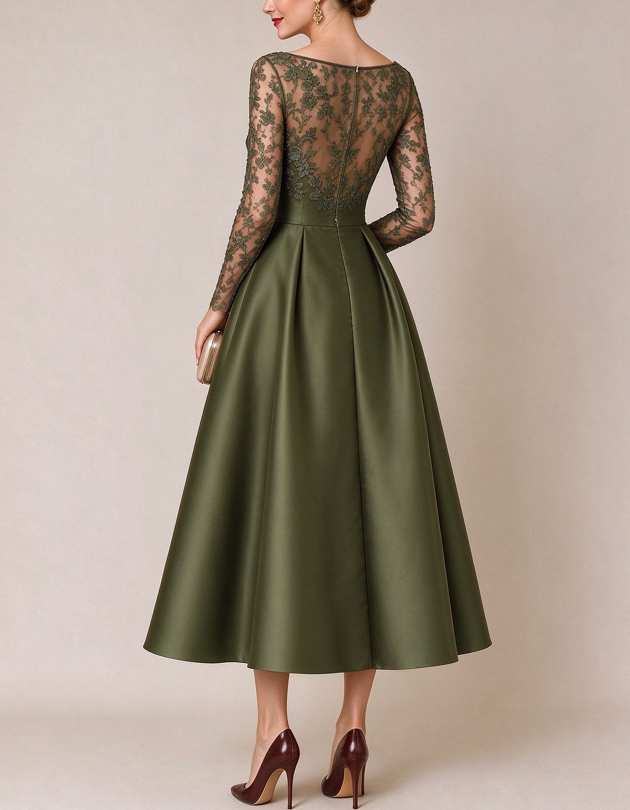 Floral Lace Illusion Boat Neck Satin Midi Dress