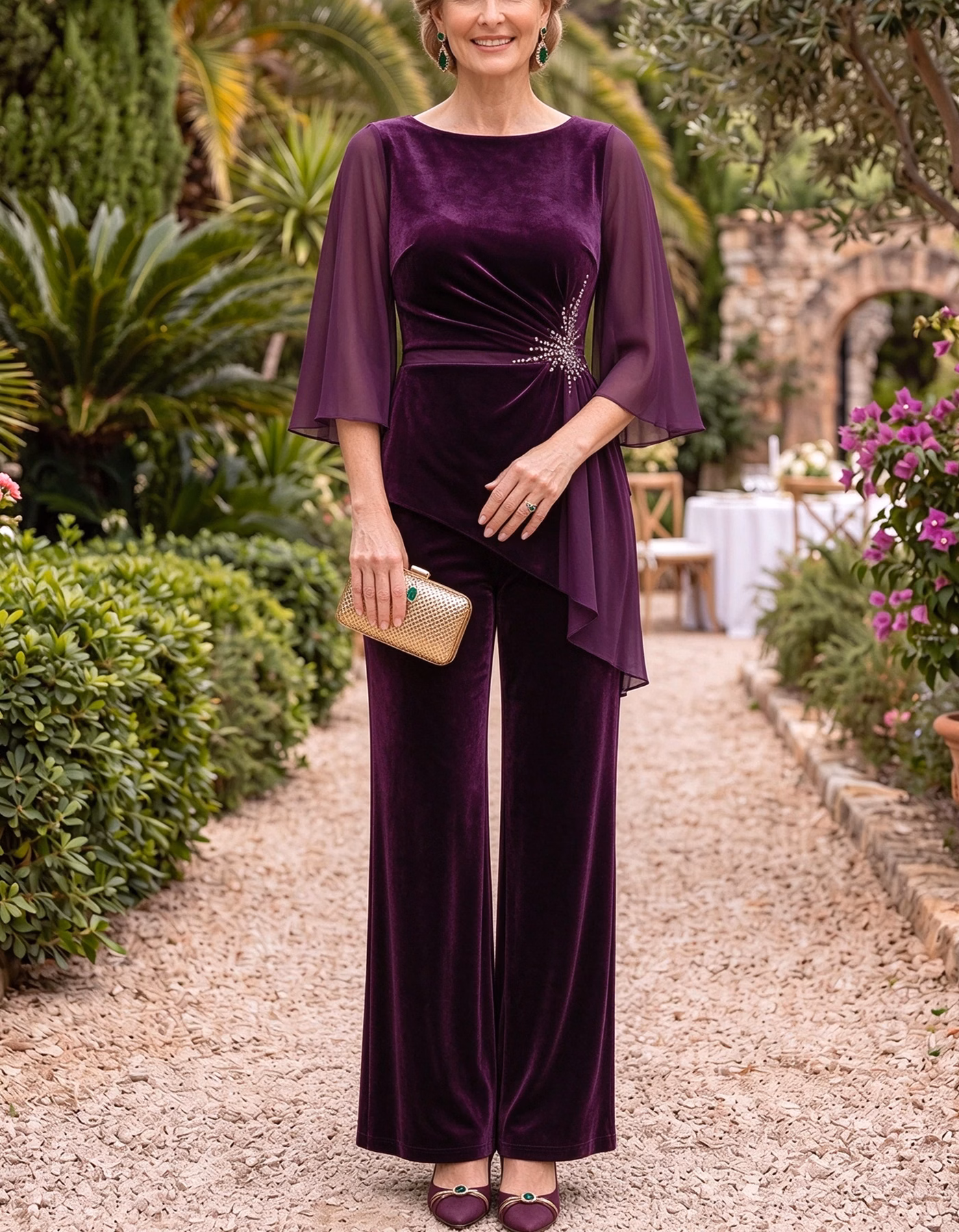 Deep Purple Velvet Chiffon Boat Neck Flare Sleeve Two‑Piece Suit