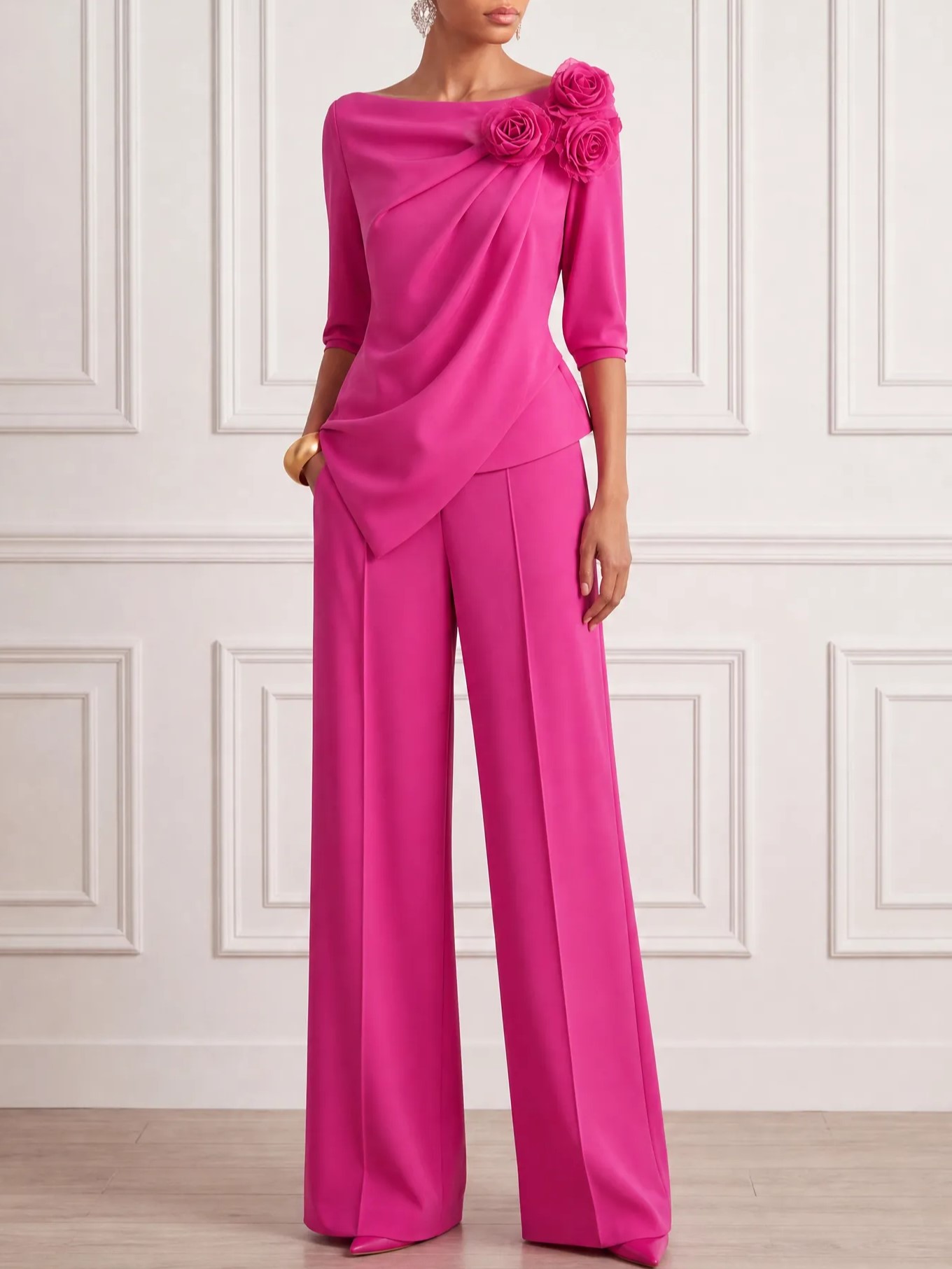 Asymmetrical Wrapped Satin Jumpsuit with 3D Floral Shoulder Detail