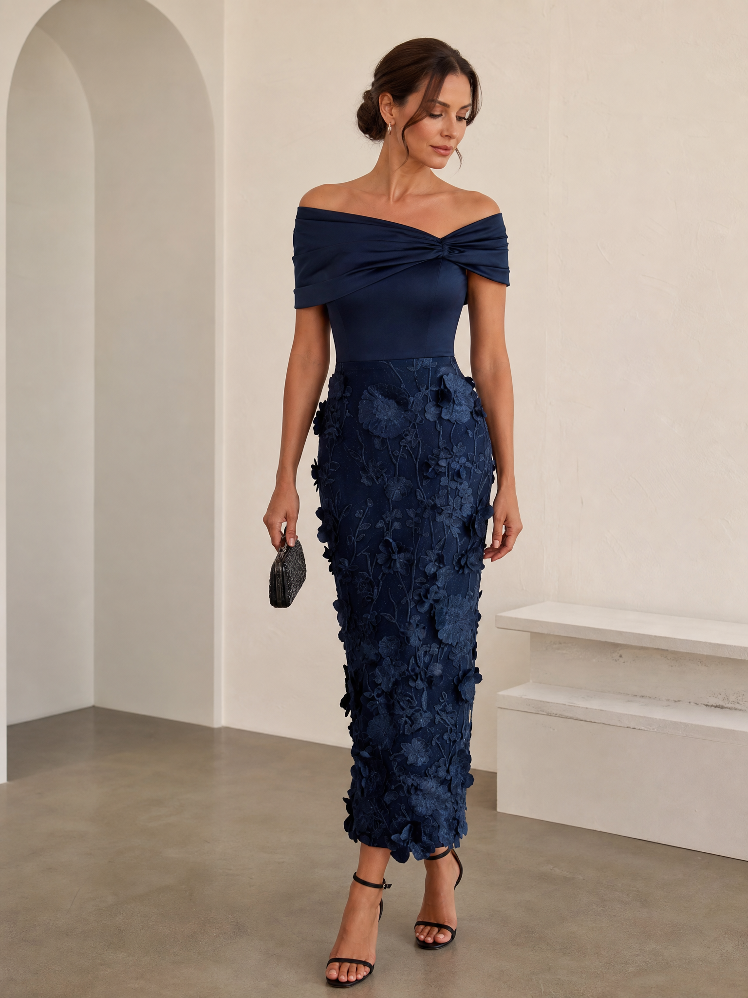 Navy Blue Off‑the‑Shoulder 3D Floral Midi Formal Dress