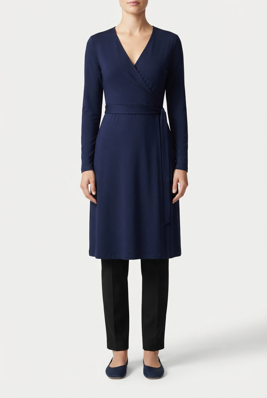 Model wearing a navy minimalist long-sleeve wrap dress against an off-white studio background