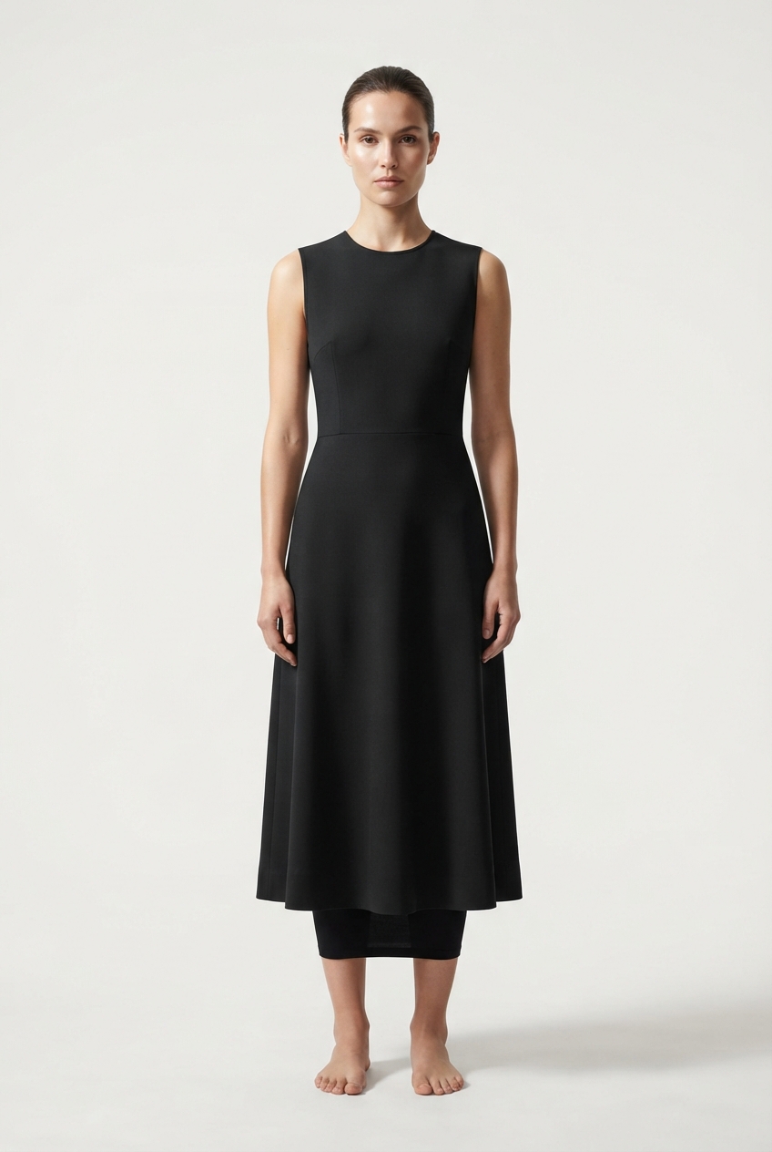 Model wearing a black minimalist sleeveless midi dress standing against an off-white studio background