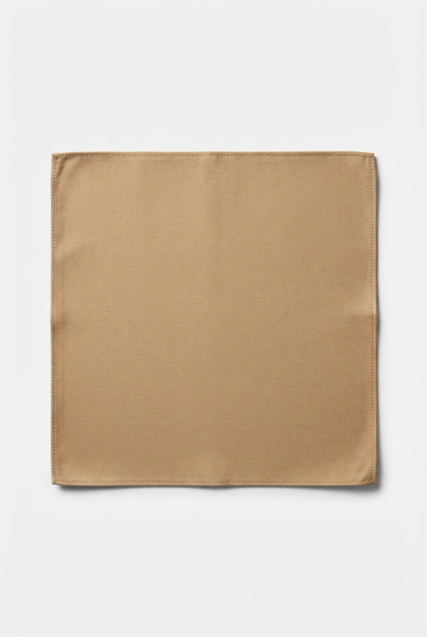 Minimalist sandybrown linen handkerchief laid flat on an off-white studio background