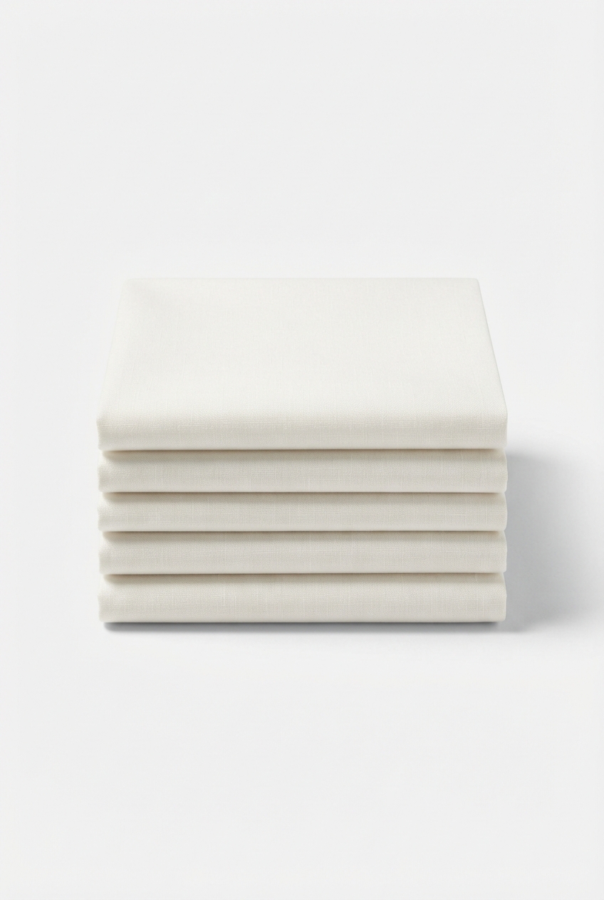 Set of minimalist ivory cotton handkerchiefs stacked on an off-white studio background