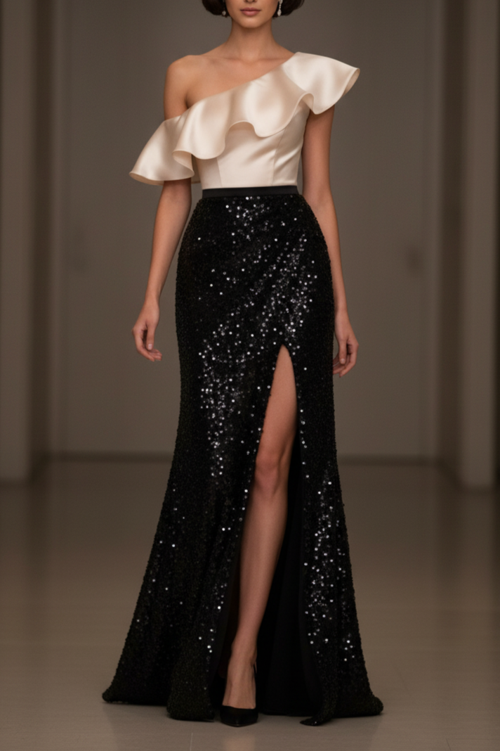 One Shoulder Ivory Satin Ruffle & Black Sequin High Slit Mermaid Evening Gown