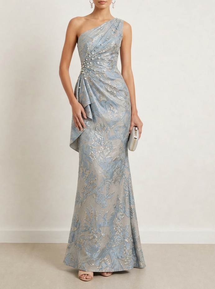 One-Shoulder Floral Jacquard Gown with Pearl Waist Detailing Evening Dresses