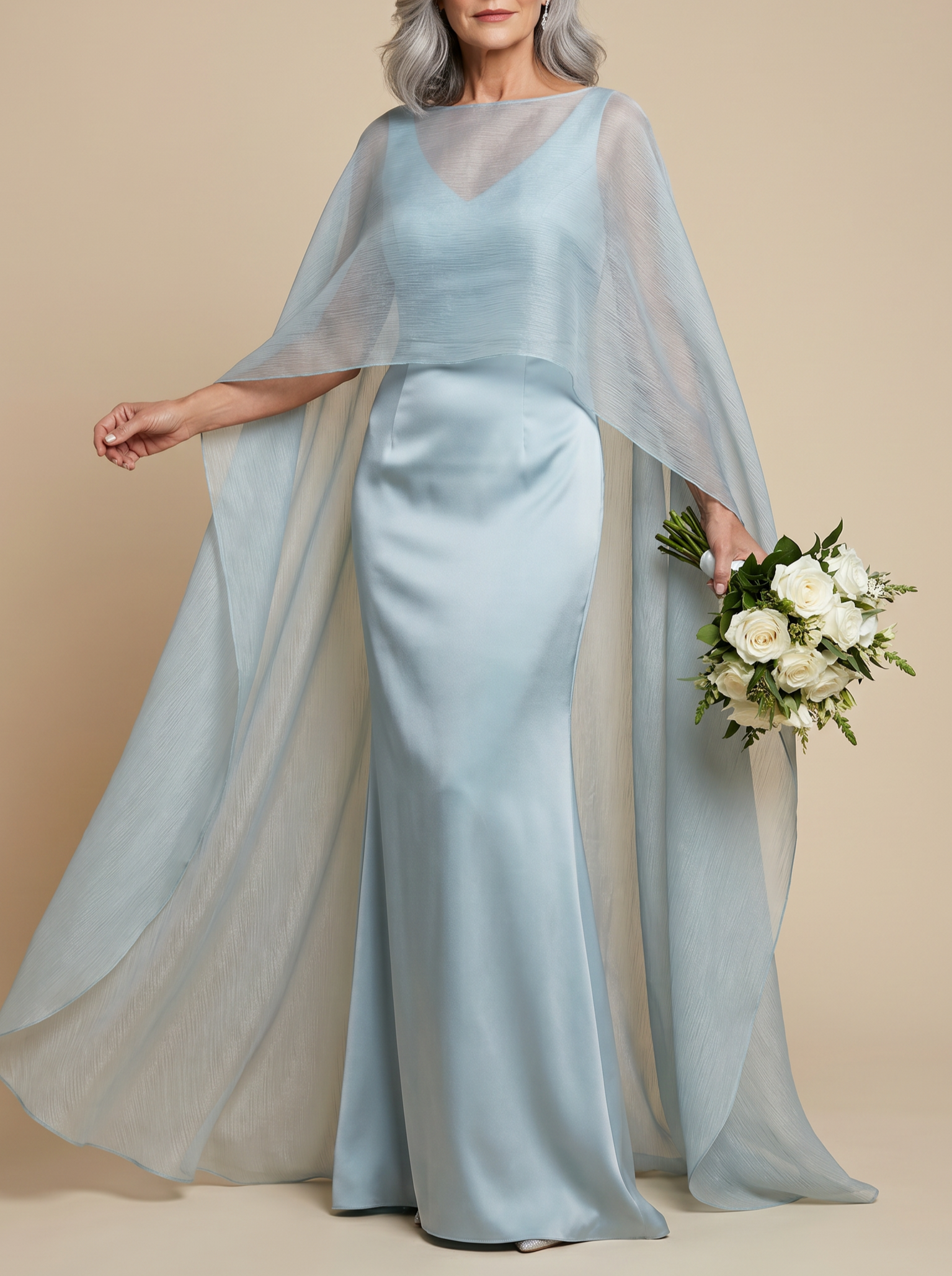 V-Neck Satin Mermaid Mother of the Bride Gown with Sheer Floor-Length Cape Overlay