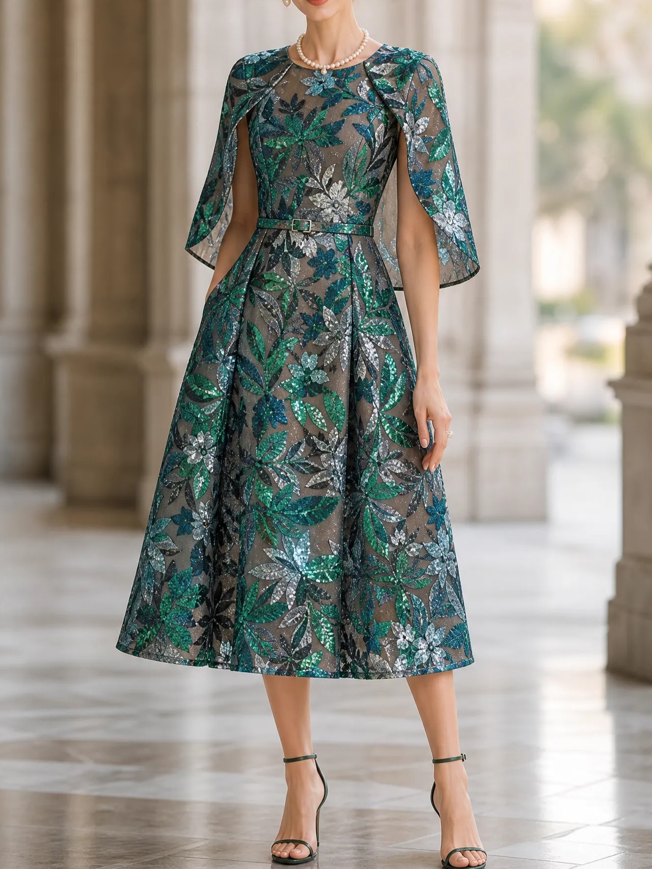 Bateau Neck Embroidered Gown with Integrated Capelet and Belt Mother of The Bride Dresses