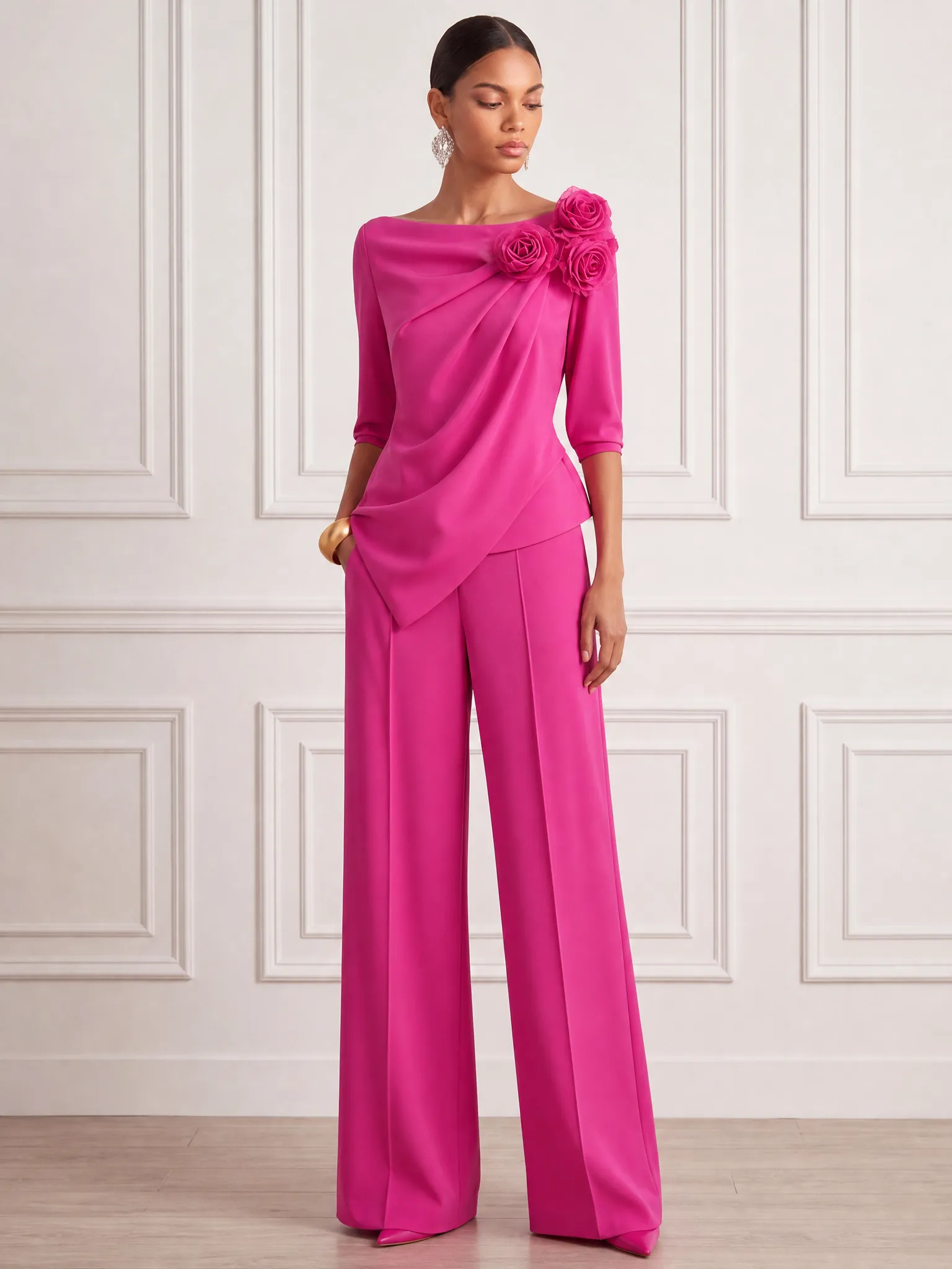 Asymmetrical Wrapped Satin Jumpsuit with 3D Floral Shoulder Detail