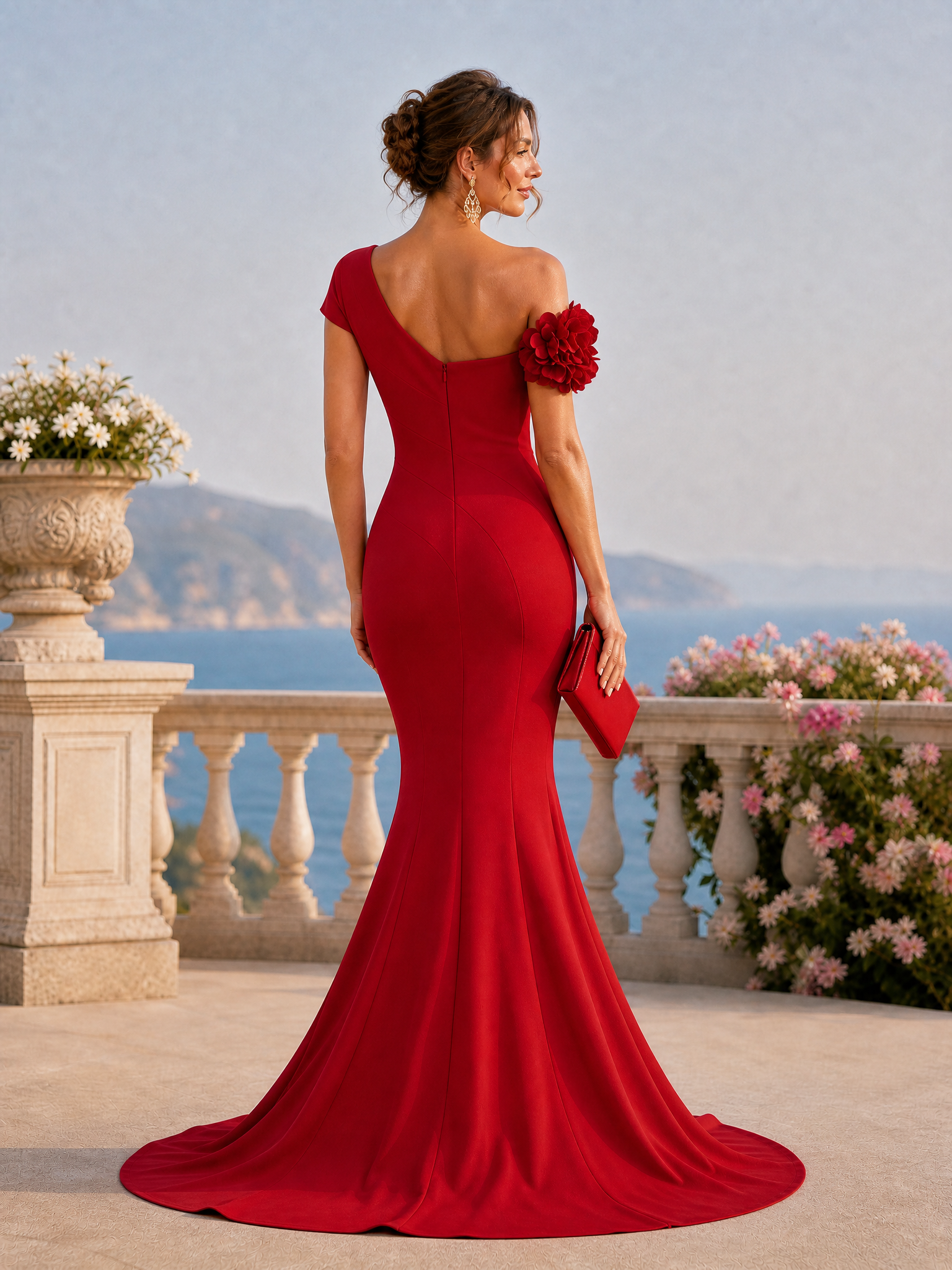 Red One‑Shoulder 3D Floral Mermaid Train Formal Gown