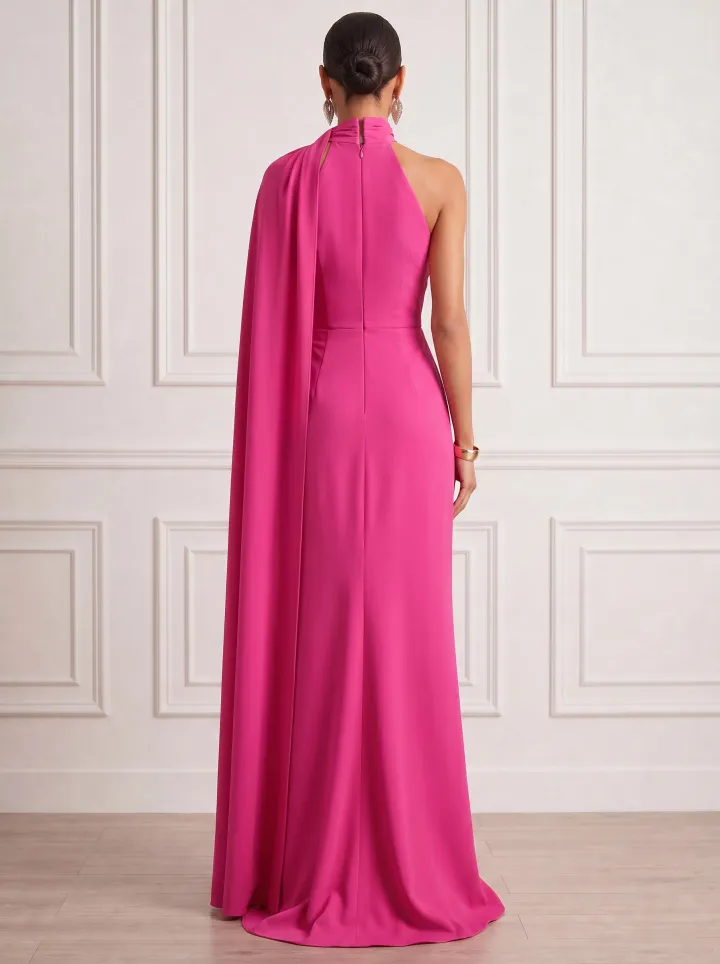 One-Shoulder High Neck Gown with Dramatic Floor-Length Sash Evening Dresses