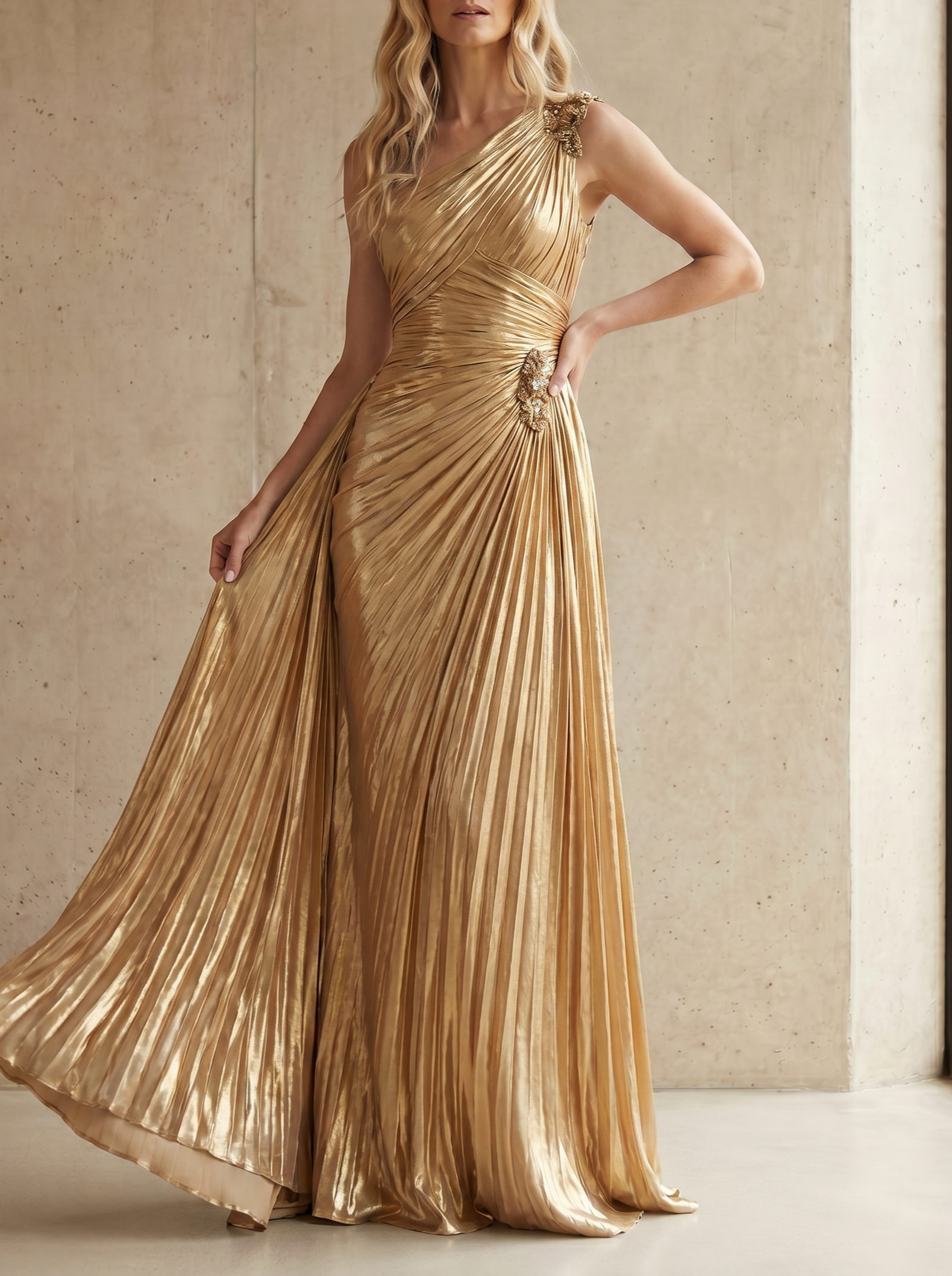 Gold One Shoulder Pleated Metallic Formal Evening Gown