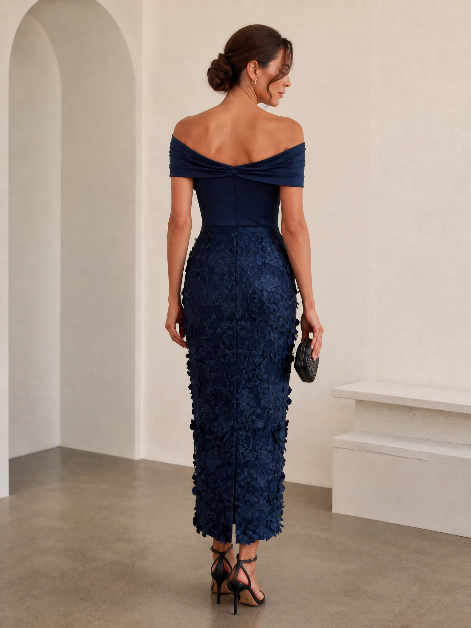Navy Blue Off‑the‑Shoulder 3D Floral Midi Formal Dress