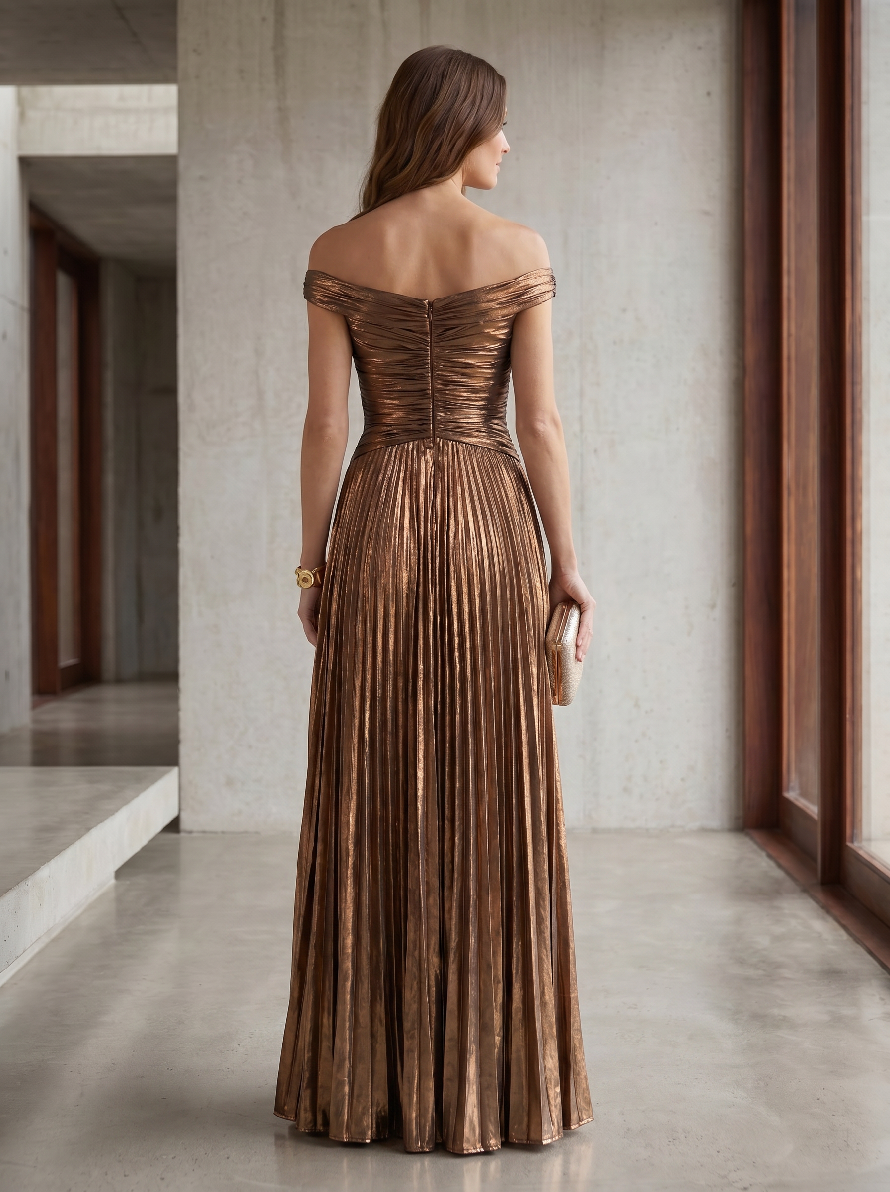 Bronze Metallic Off Shoulder Ruched Pleated Formal Evening Gown