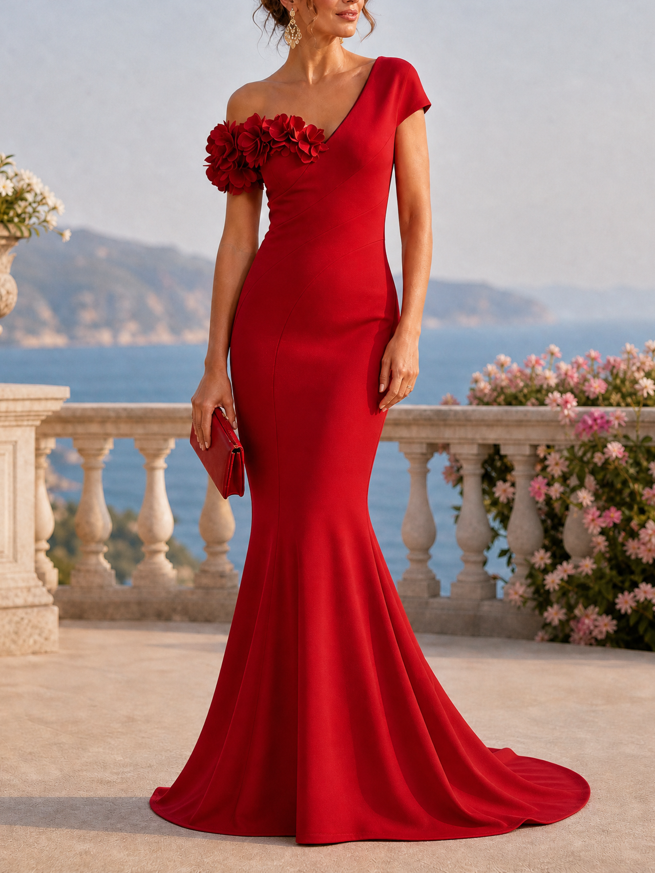 Red One‑Shoulder 3D Floral Mermaid Train Formal Gown
