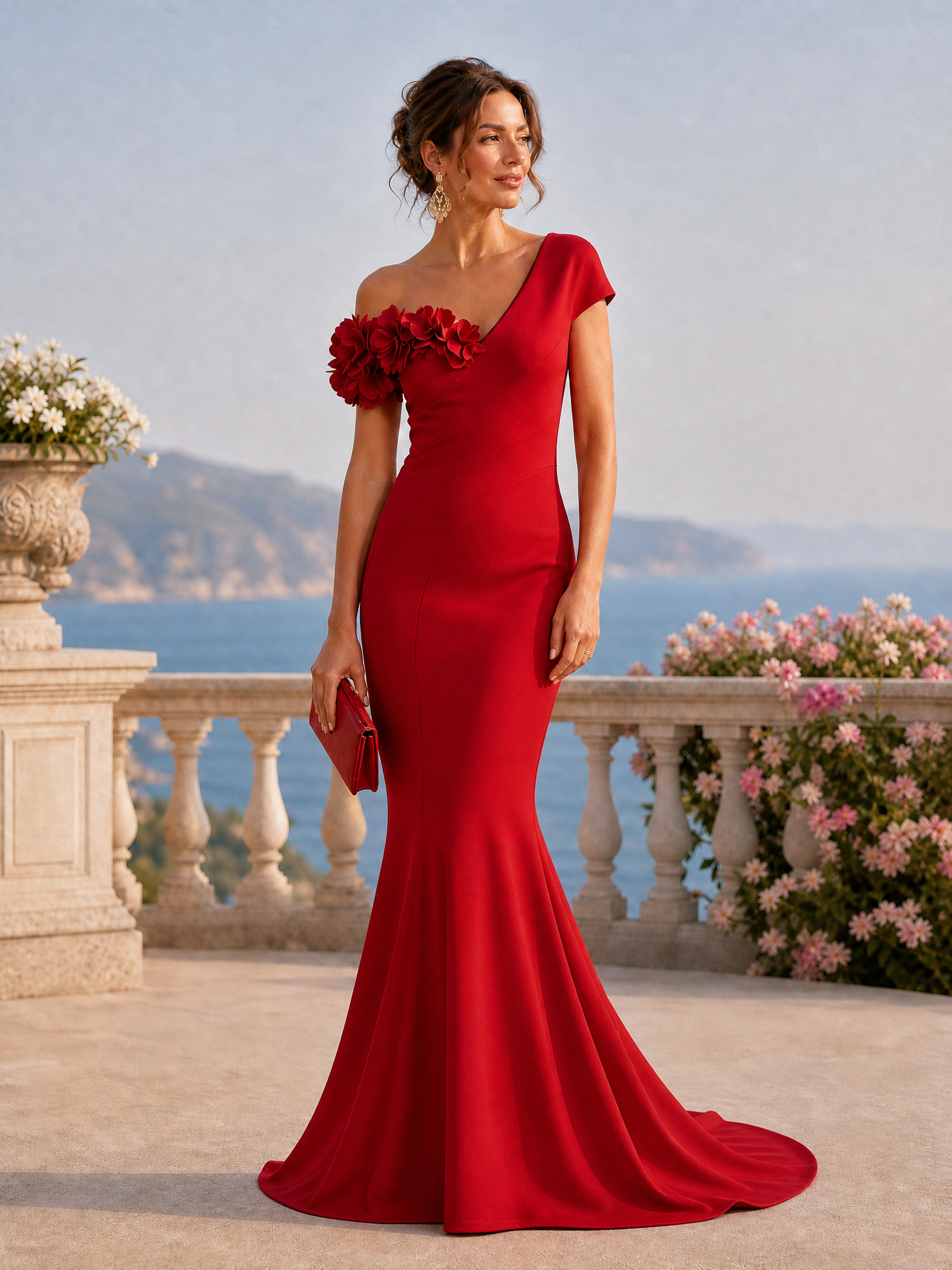 Red One‑Shoulder 3D Floral Mermaid Train Formal Gown