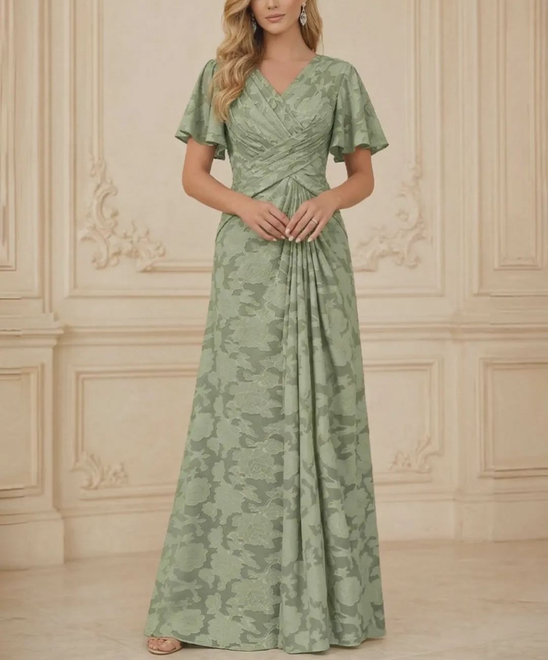A Line V Neck Short Sleeve Floral Chiffon Ruched Mother of the Bride Dresses