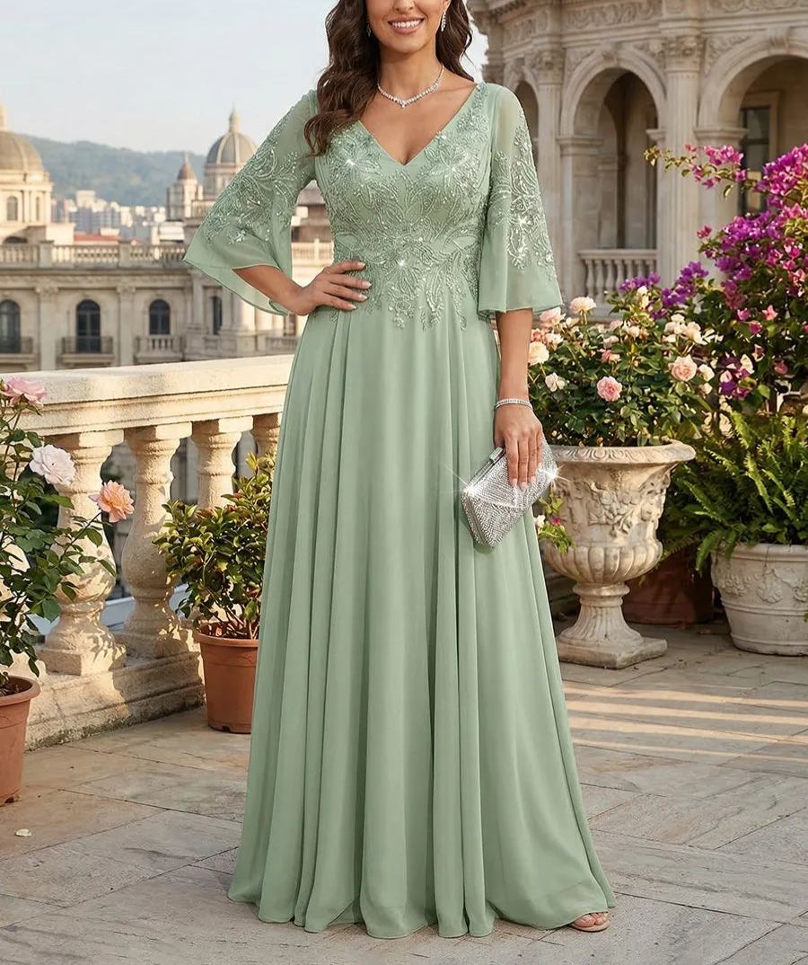 A-Line Chiffon 3/4 Flutter Sleeves Mother of the Bride & Groom Dresses with Beaded Lace Embroidered Bodice
