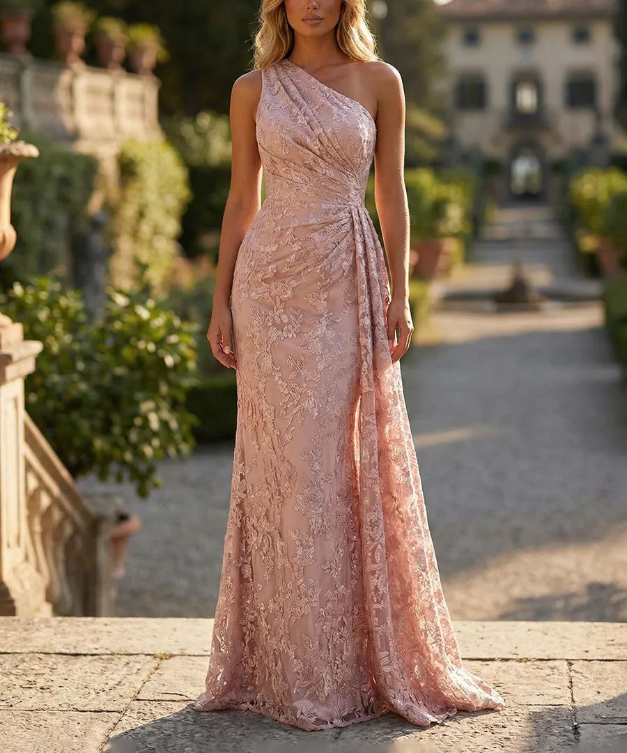 Sheath/Column Floral Lace Embroidered One Shoulder Evening Dresses Floor-Length Formal Gowns with Ruched Waist & Side Train