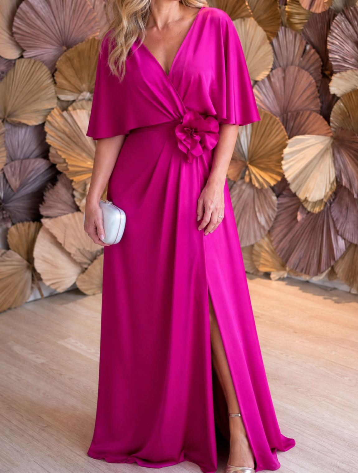 Hot Pink V Neck Ruffle Cape Mother of Bride Long Gown
