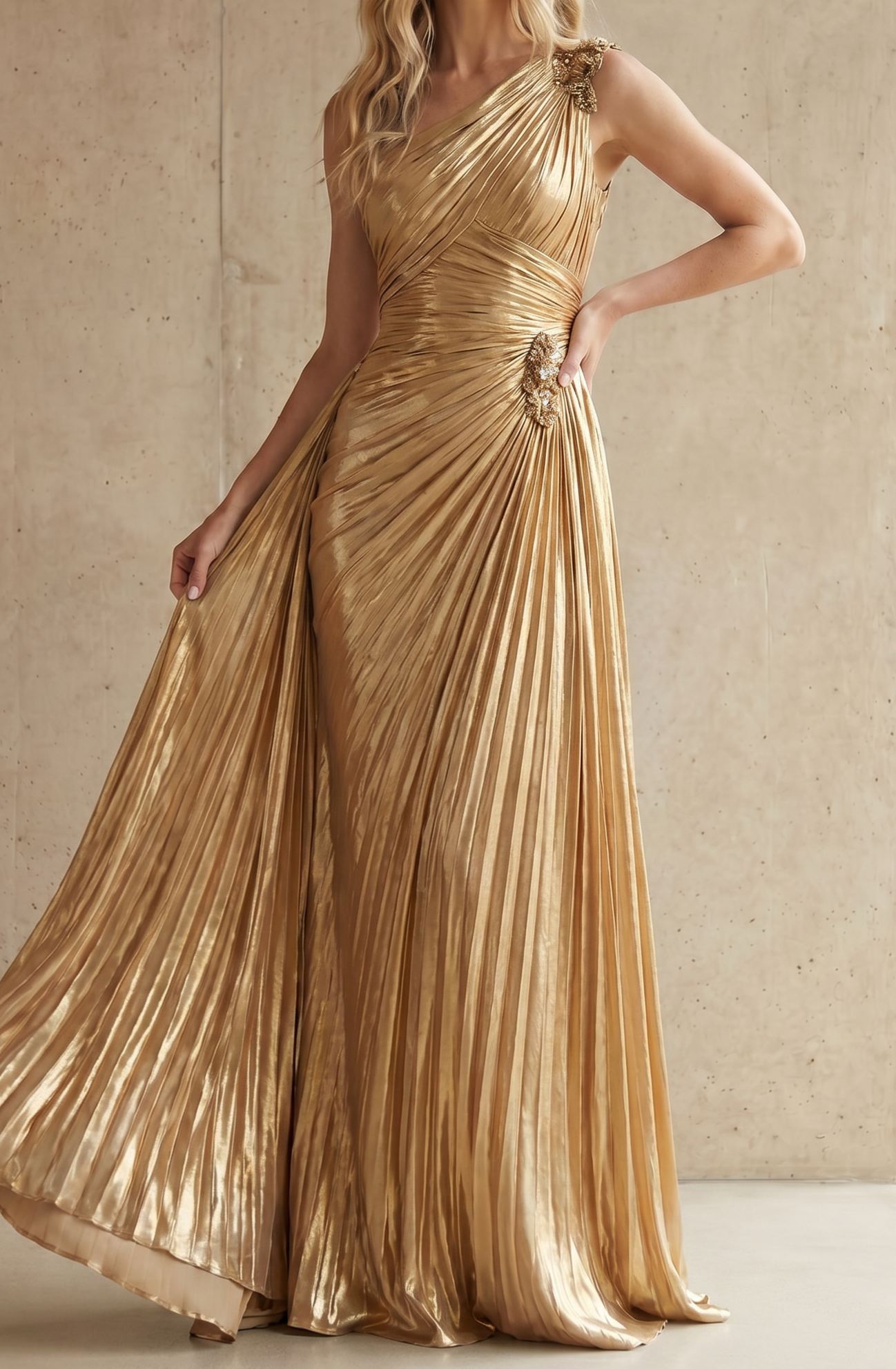 Gold One Shoulder Pleated Metallic Formal Evening Gown