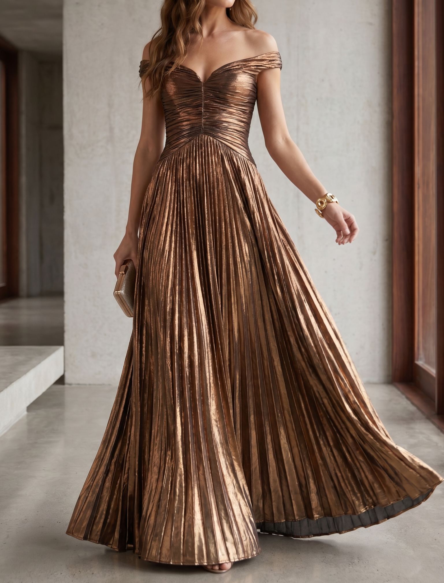 Bronze Metallic Off Shoulder Ruched Pleated Formal Evening Gown