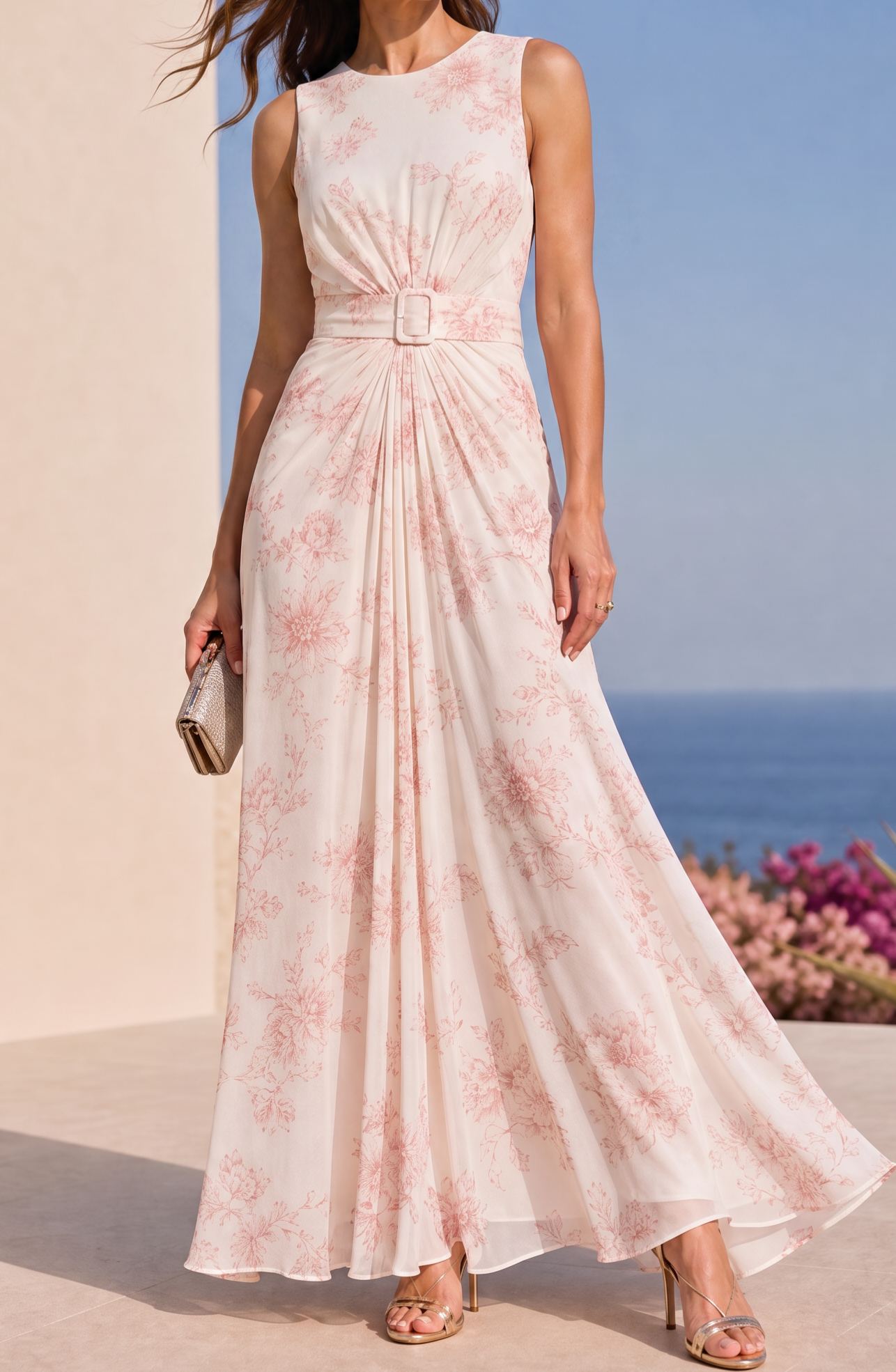 Blush Floral Print Sleeveless Belted Chiffon Maxi Wedding Guest Dress