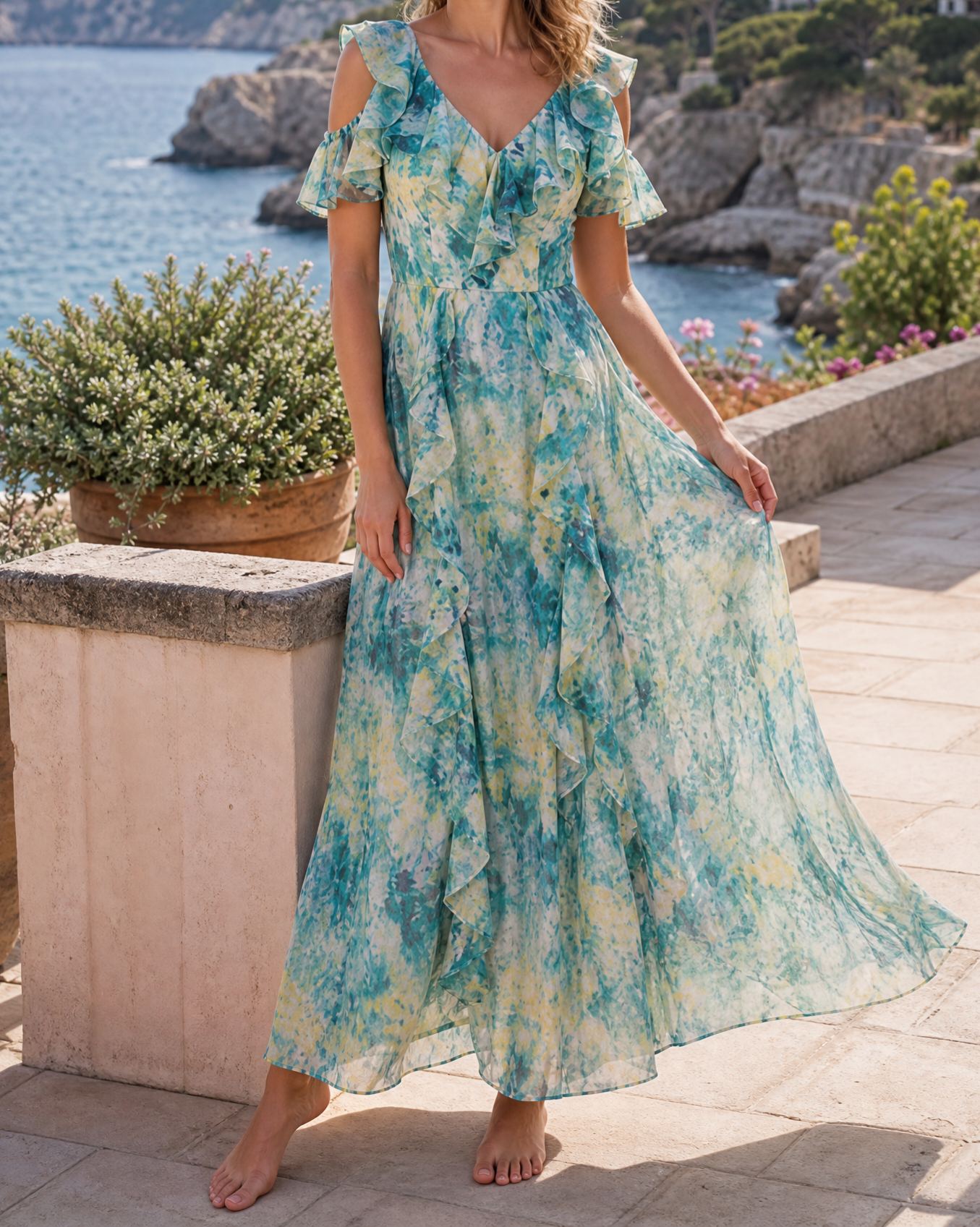 Teal Yellow Watercolor Floral Cold Shoulder Ruffle Chiffon Maxi Dress
