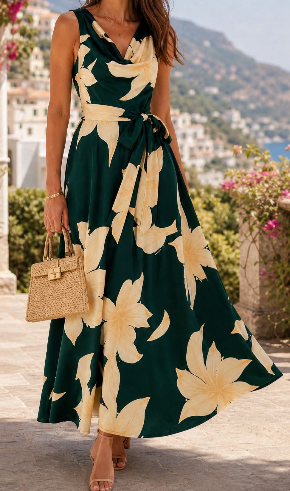 Dark Green Yellow Floral Cowl Neck Sleeveless Wrap Belted Maxi Dress