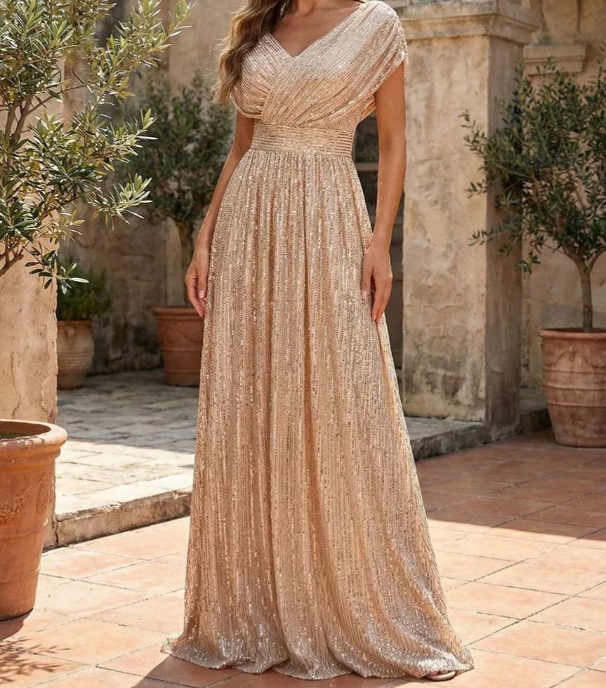 Sequin A-Line/Princess V-Neck Floor-Length Mother of the Bride & Groom Dresses with Ruched Waist