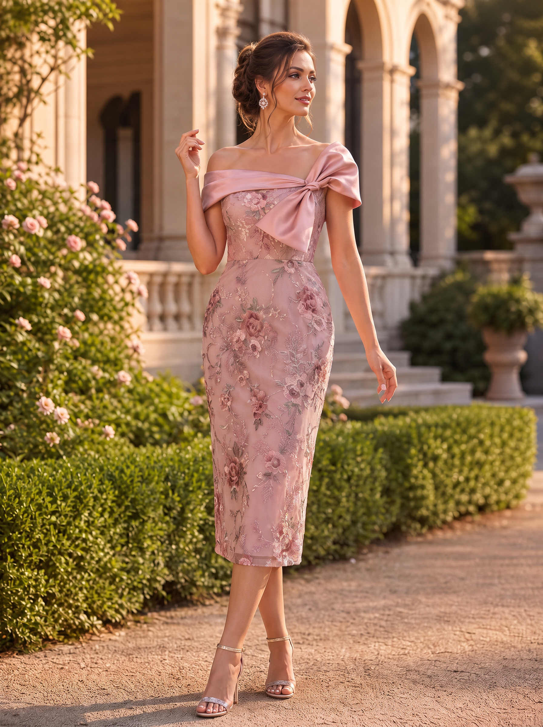 Dusty Rose Off-Shoulder Floral Lace Midi Gown