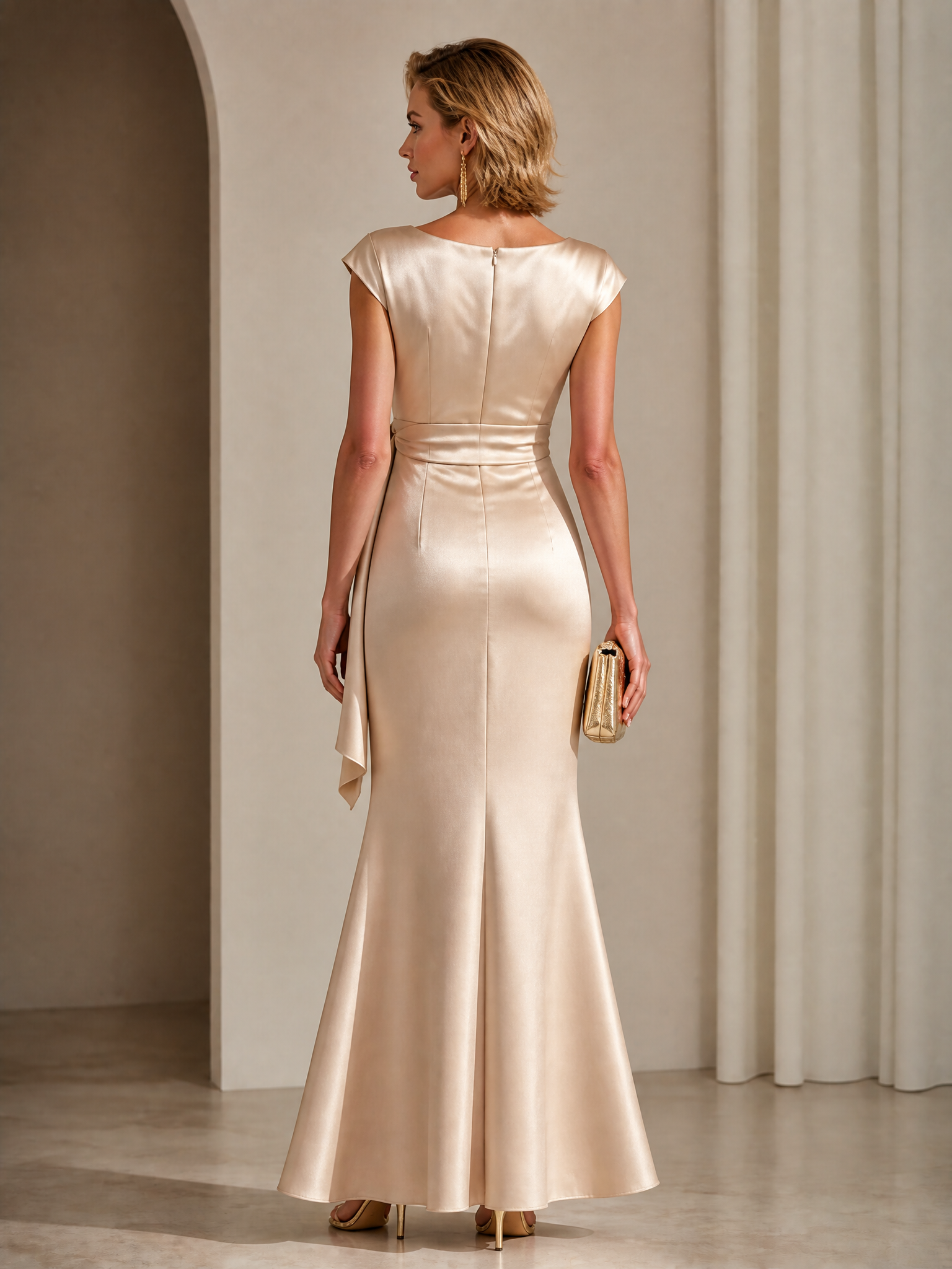 Champagne Satin Cowl Neck Mermaid Evening Gown