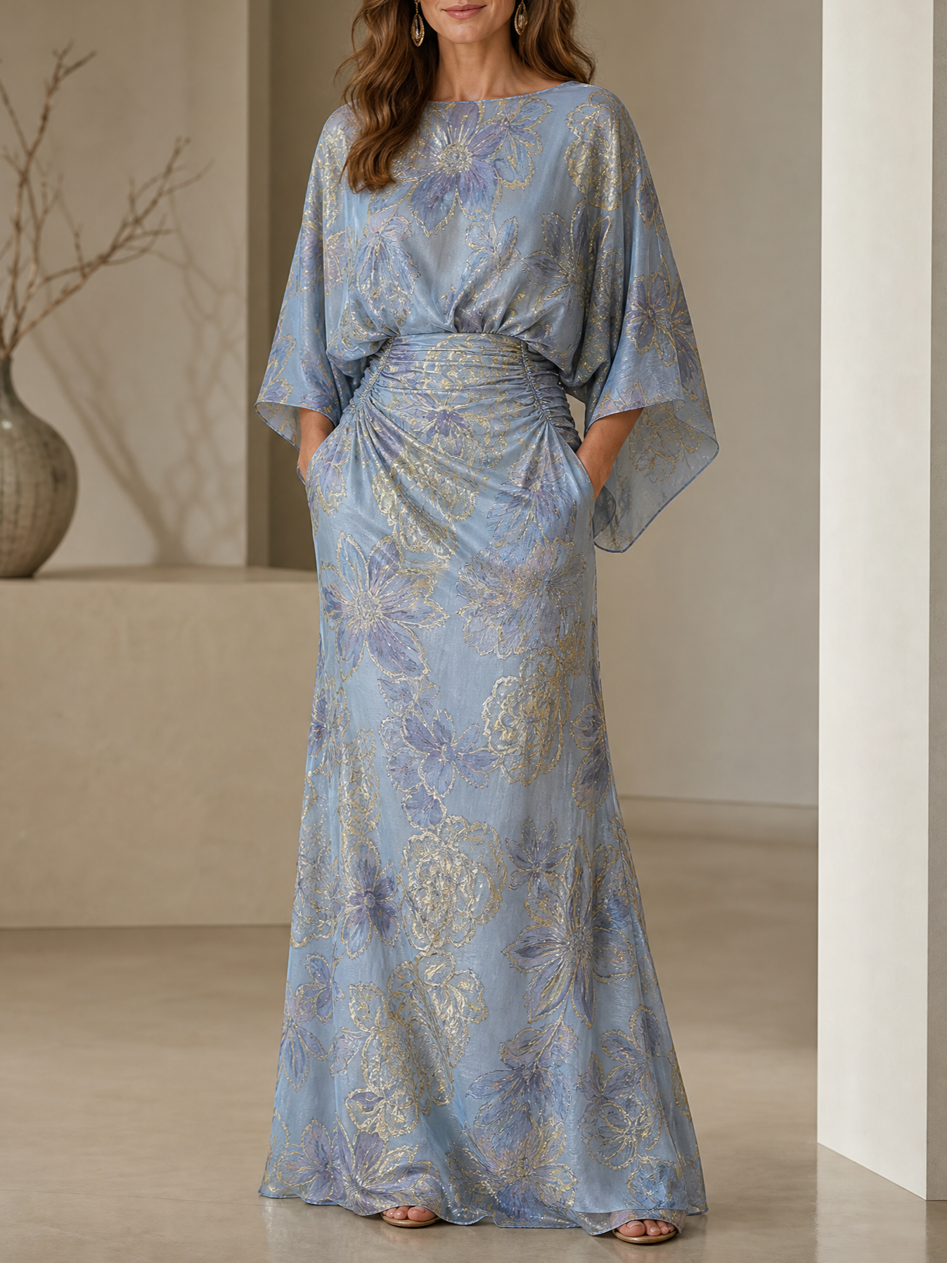 Dusty Blue Metallic Floral Print Mother Of The Bride Long Gown