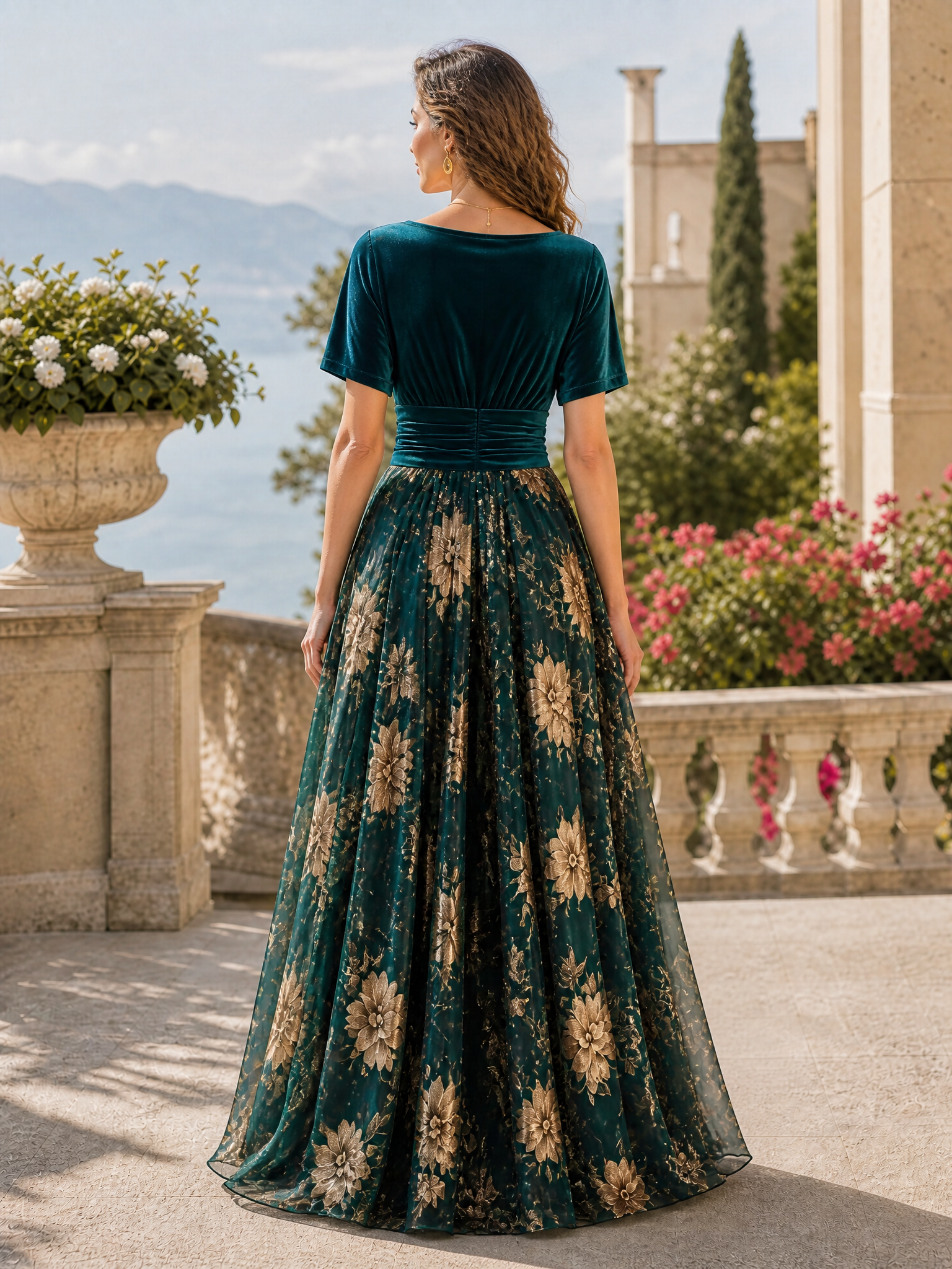 Emerald Green Velvet V‑Neck Short Sleeve Gold Floral Chiffon Maxi Evening Gown