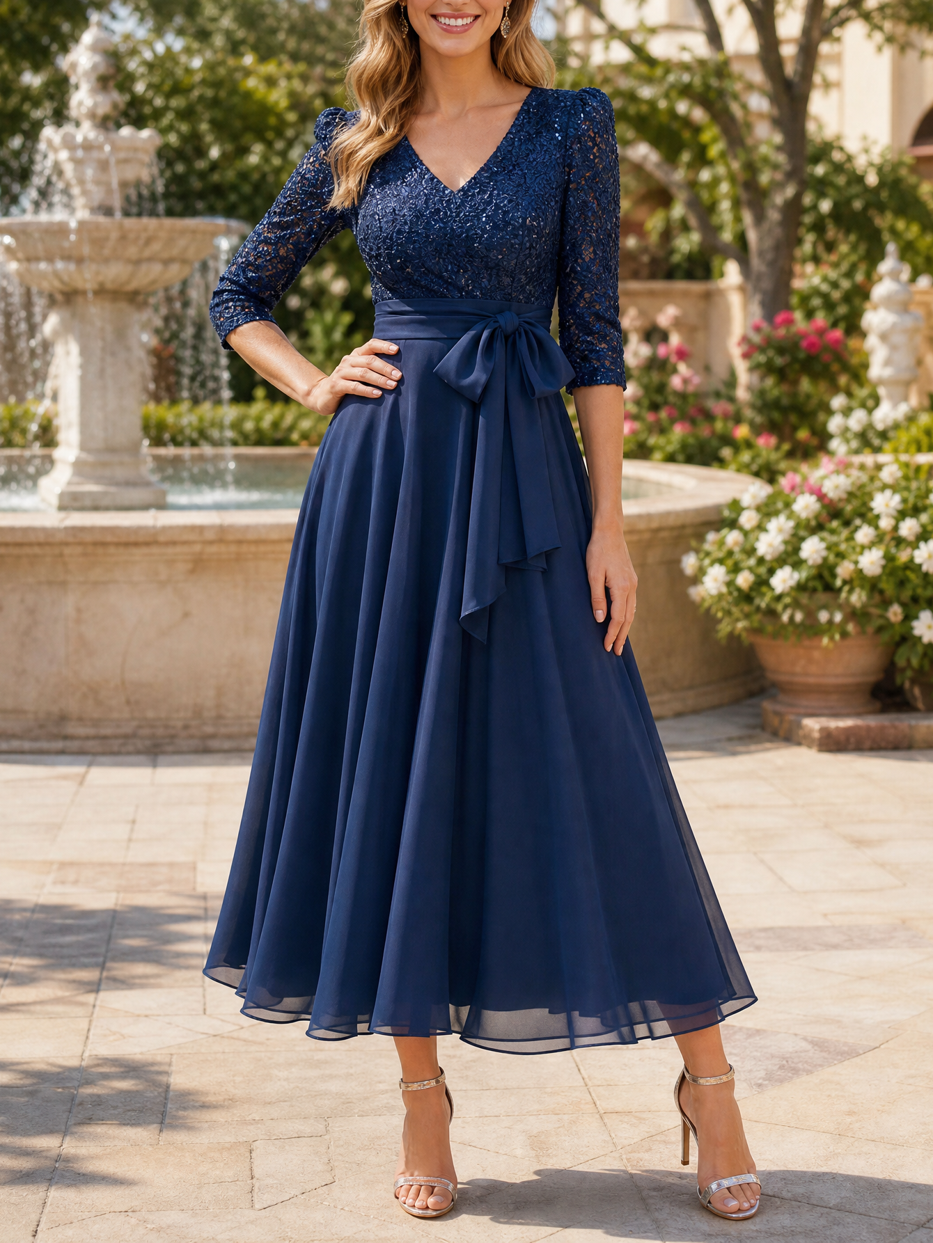 Navy Blue V-Neck Sequin Lace 3/4 Sleeve Chiffon Tea Length Formal Mother of the Bride Dress