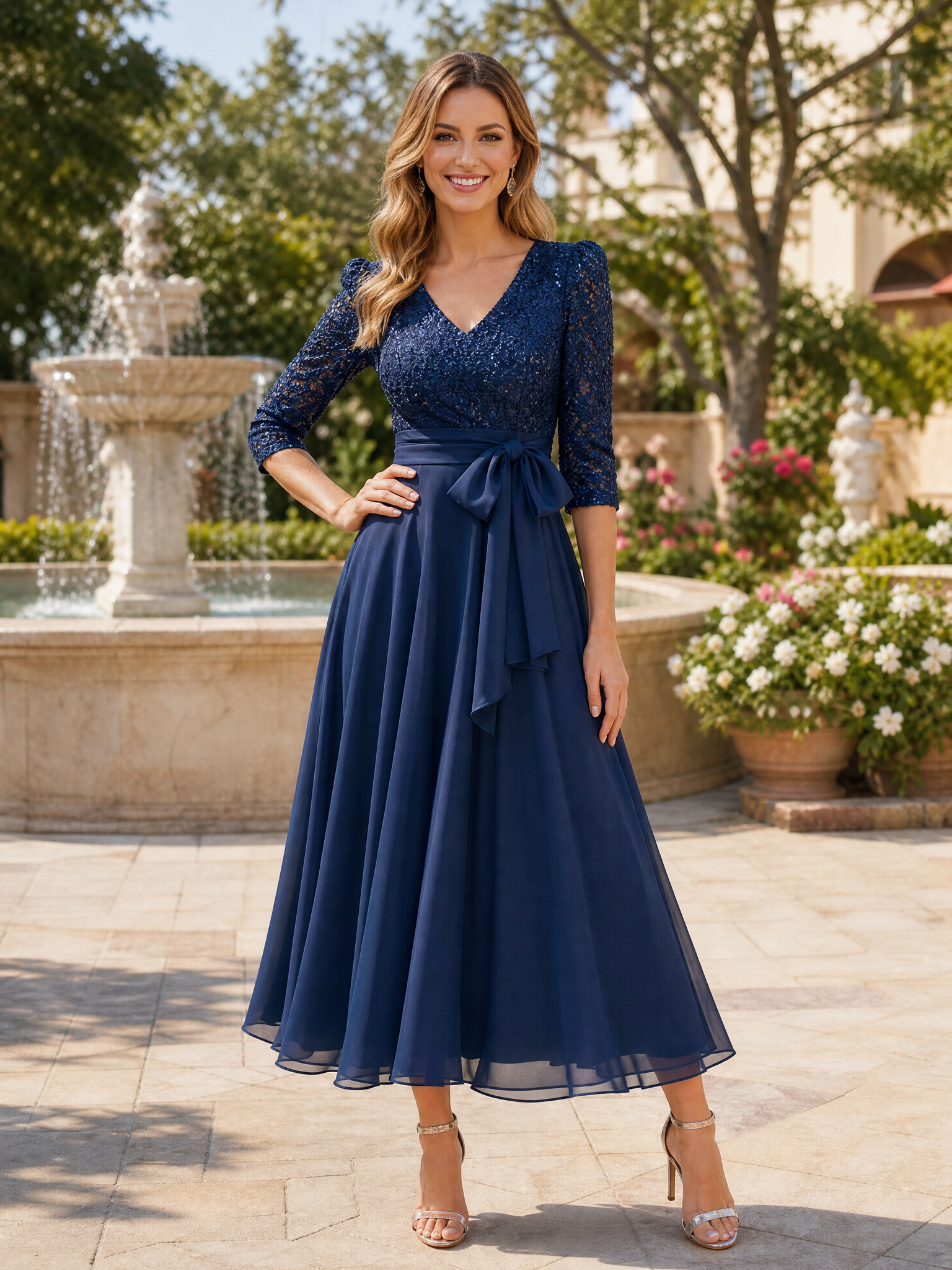 Navy Blue V-Neck Sequin Lace 3/4 Sleeve Chiffon Tea Length Formal Mother of the Bride Dress