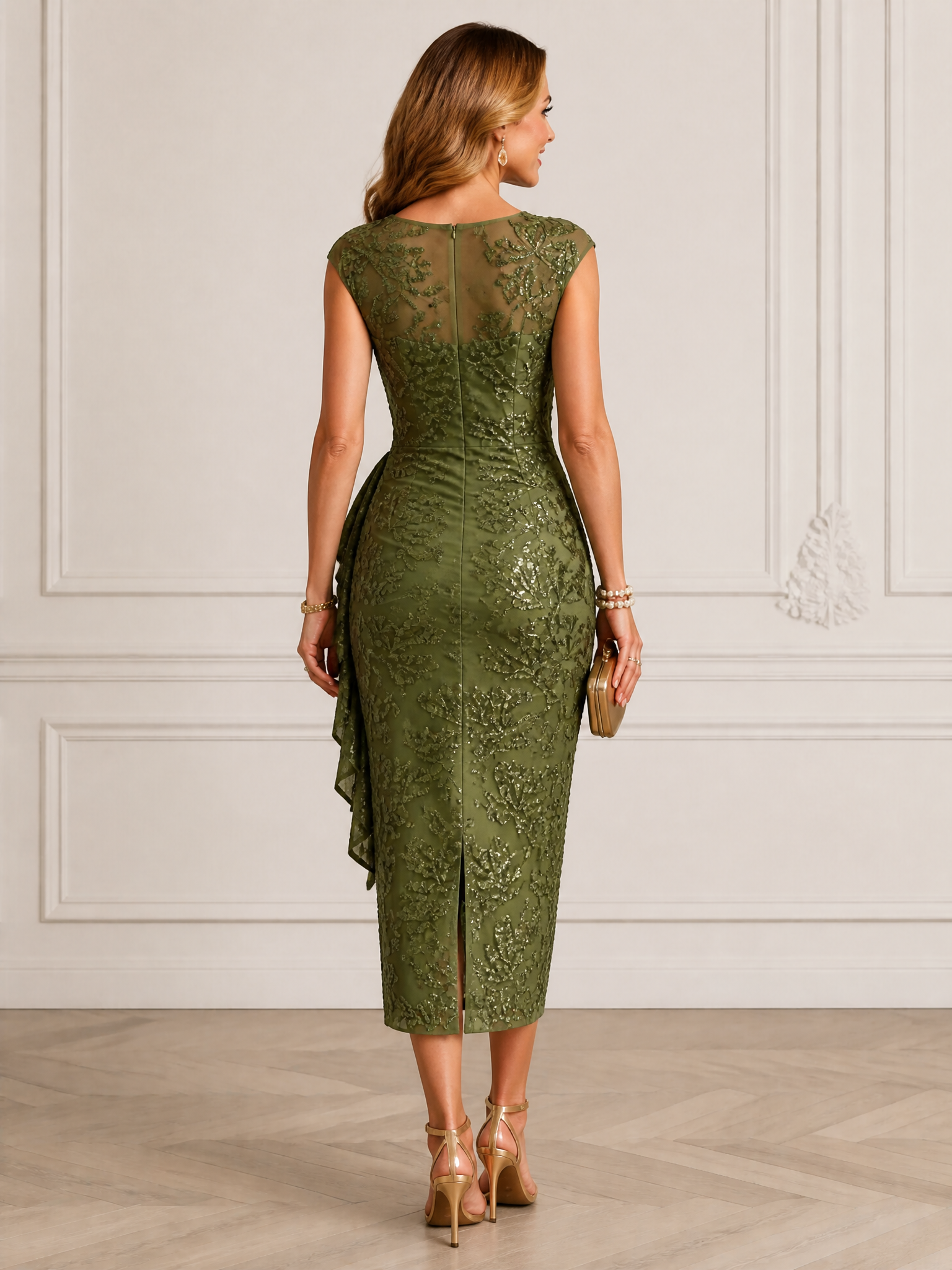 Olive Green Sequin Floral Midi Formal Dress, Illusion Round Neck Cap Sleeve Side Ruffle Ruched Cocktail Gown