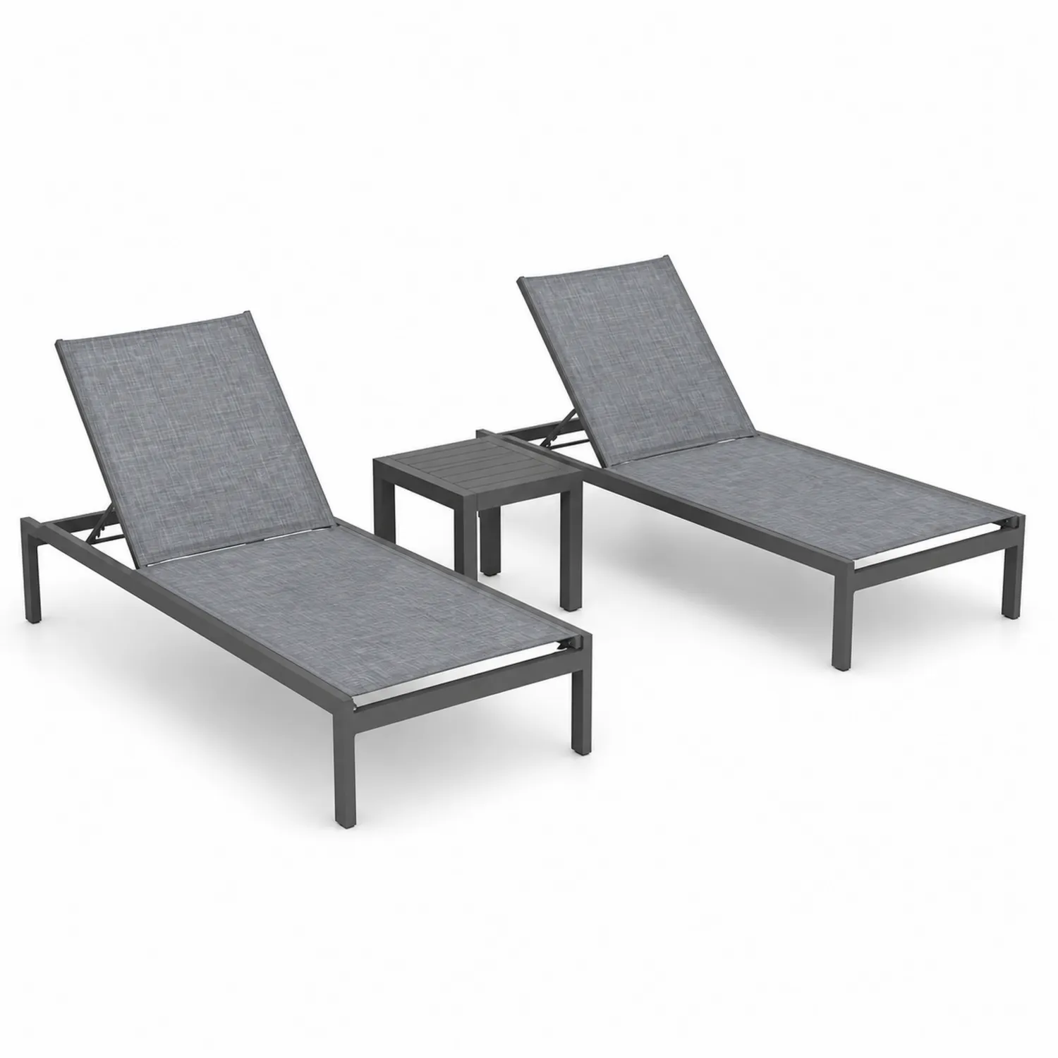 Juego de 2 tumbonas de aluminio y textileno gris con mesa auxiliar