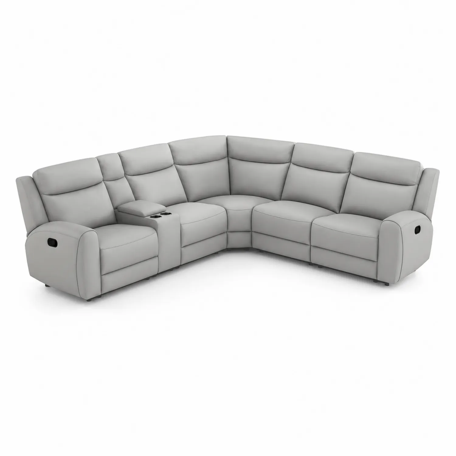 Sofá rinconero de piel sintética gris reclinable con portavasos