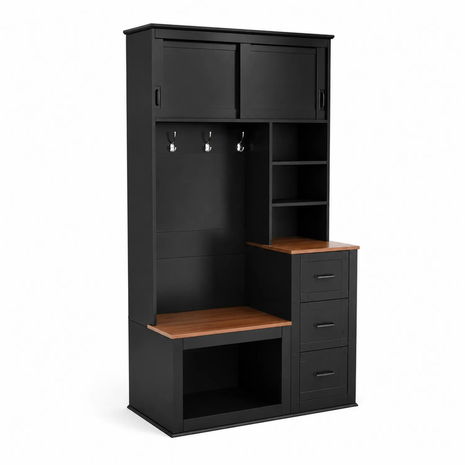 Perchero de Entrada de MDF Negro y Madera 200x120x40 cm