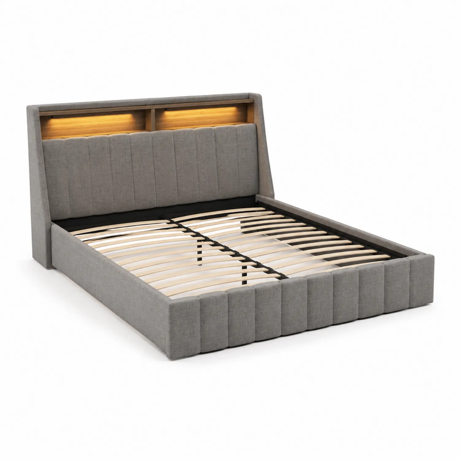 Cama tapizada gris con cabecero de almacenamiento y luz LED 200x160 cm