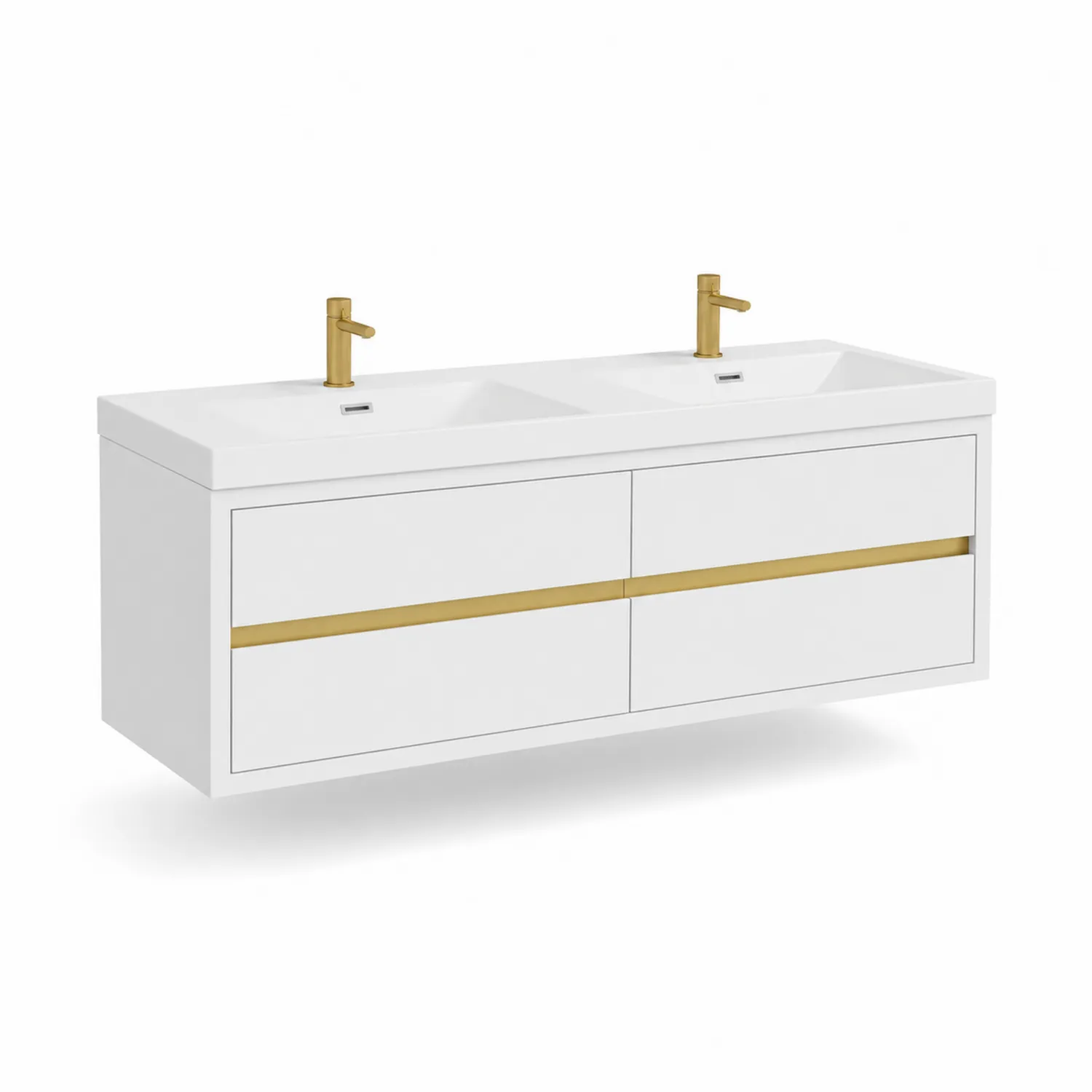 Mueble de baño doble de pared con encimera cerámica MDF blanco y dorado 120x45x55cm