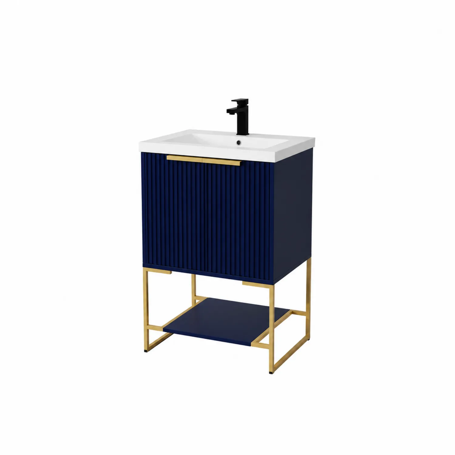 Mueble de lavabo cerámico azul con base de metal dorado