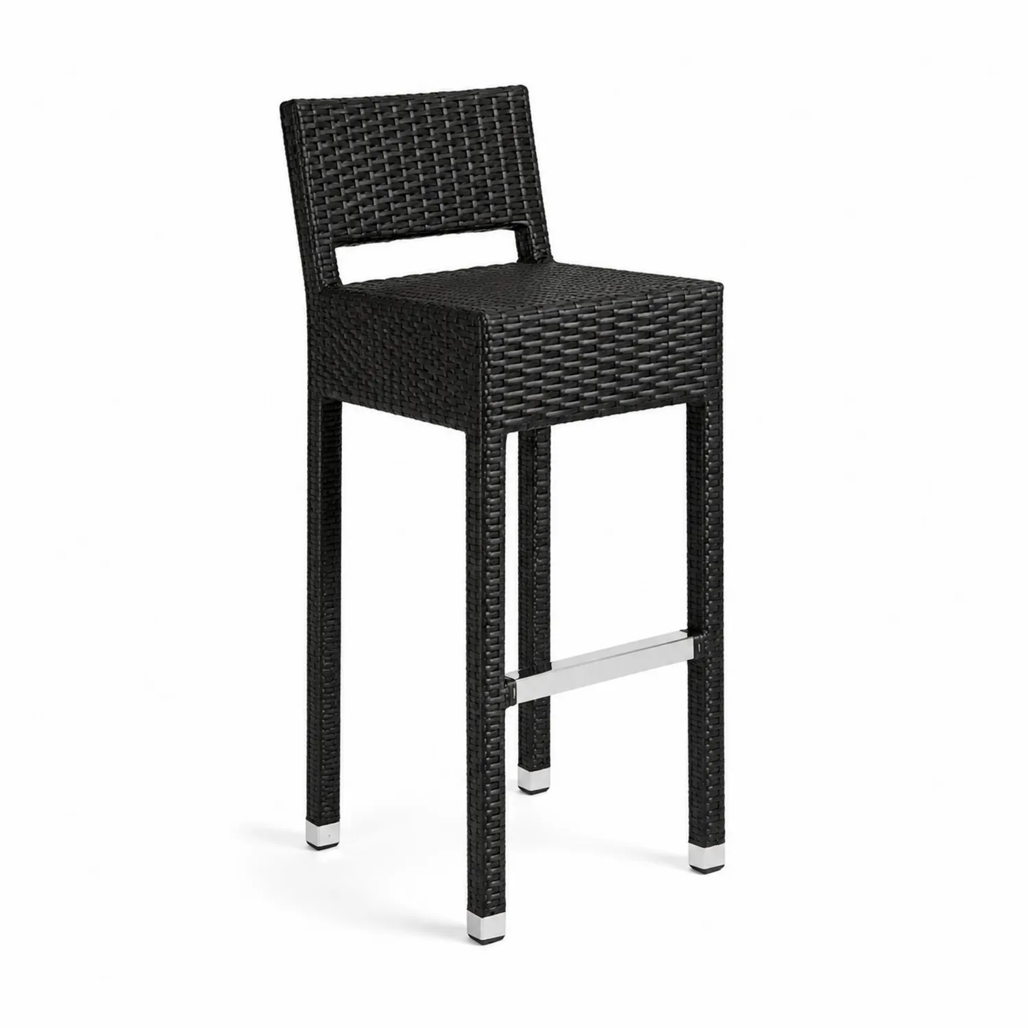 Taburete de ratán sintético negro y acero inoxidable