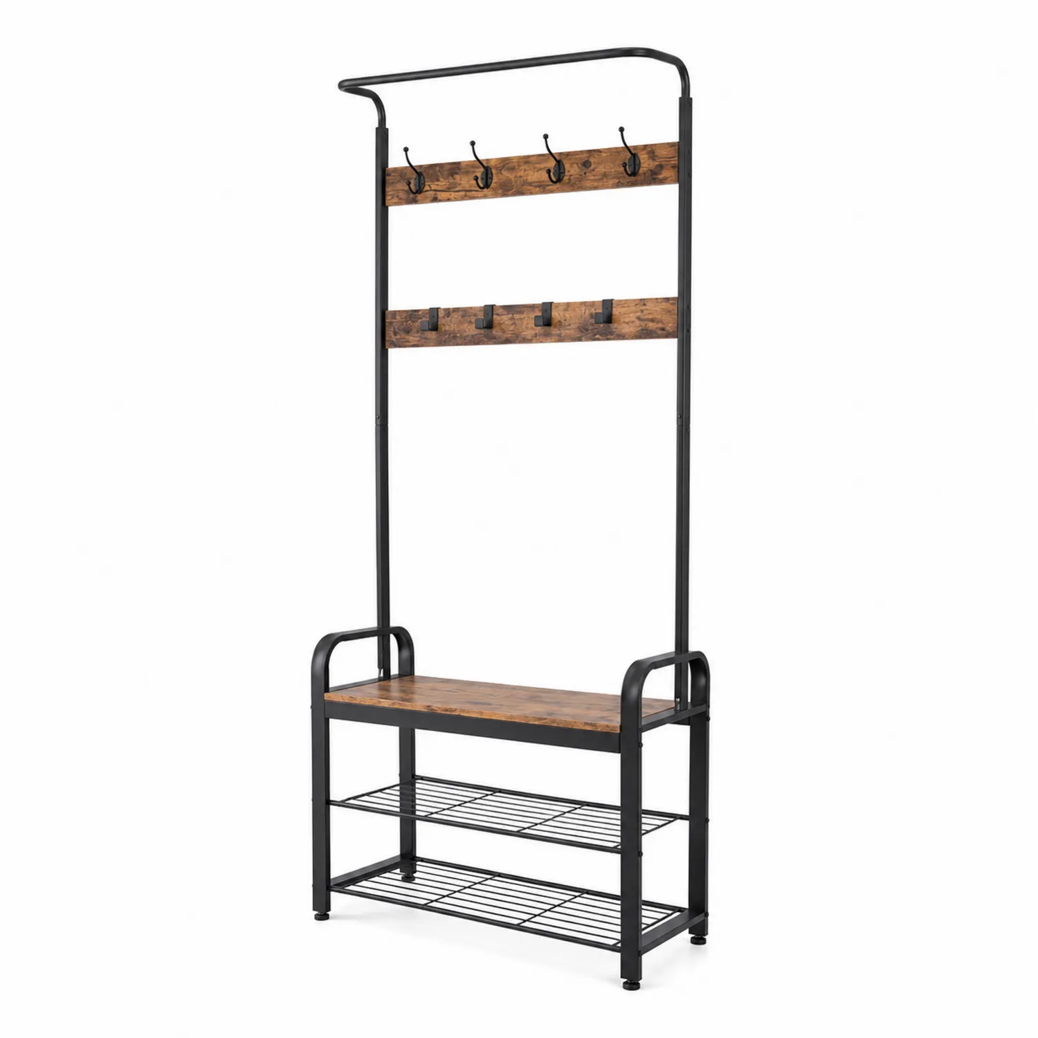 Perchero de entrada con banco y estantes de metal y madera 180x80x30cm Negro/Madera