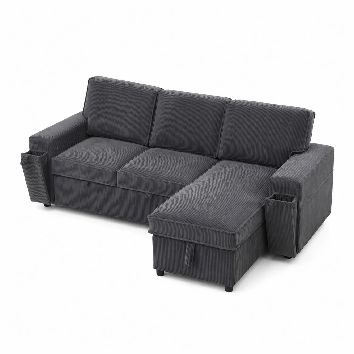 Sofá rinconero modular de tela pana gris oscuro con almacenamiento