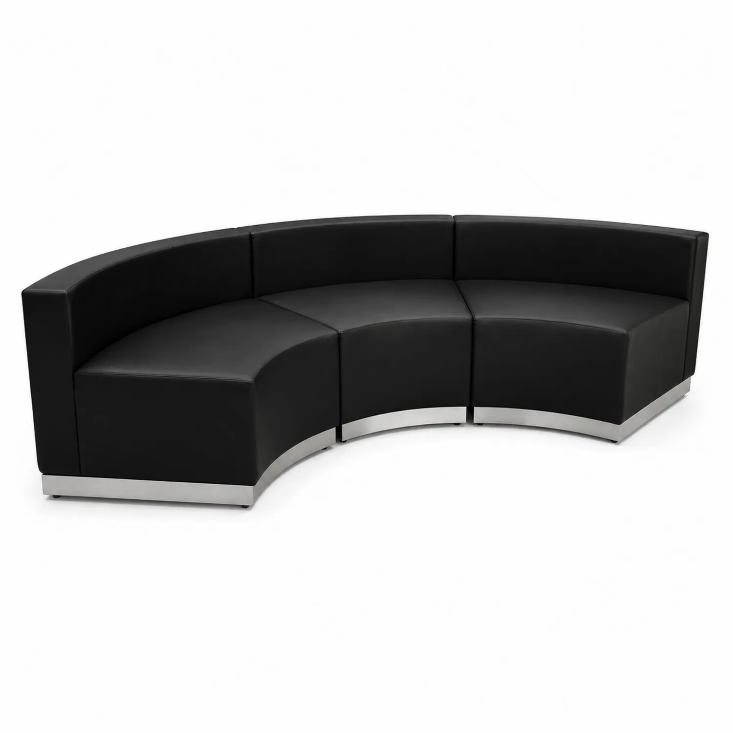 Sofá modular curvo de 3 piezas de cuero sintético negro con estructura de acero inoxidable